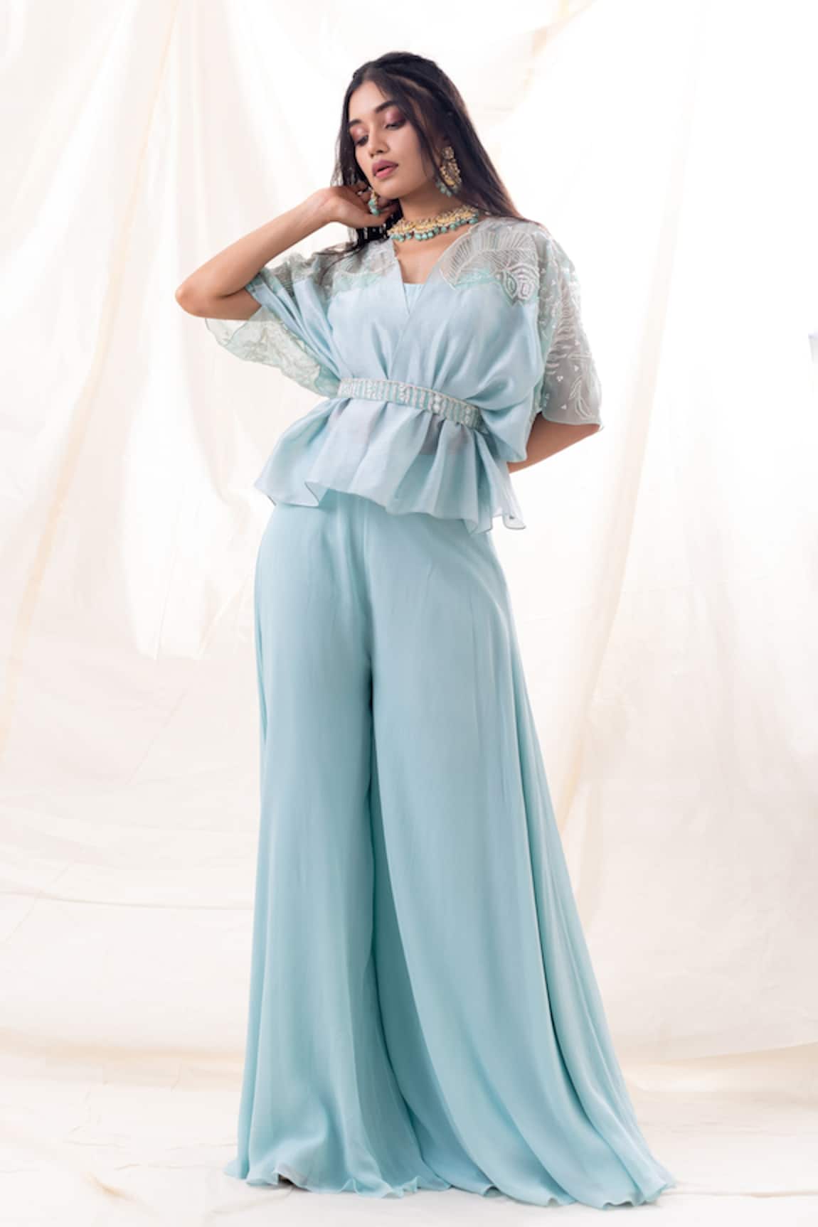 PIRI INDIA Embroidered Kimono Palazzo Set