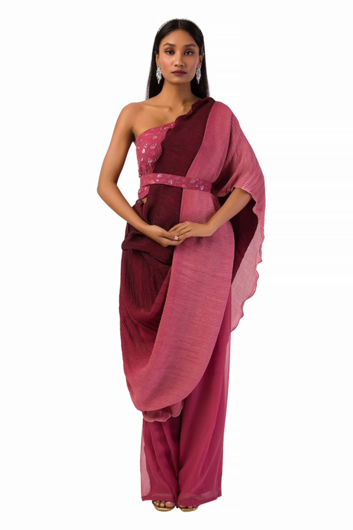 Meghna shah Palazzo Saree With One Shoulder Embroidered Blouse