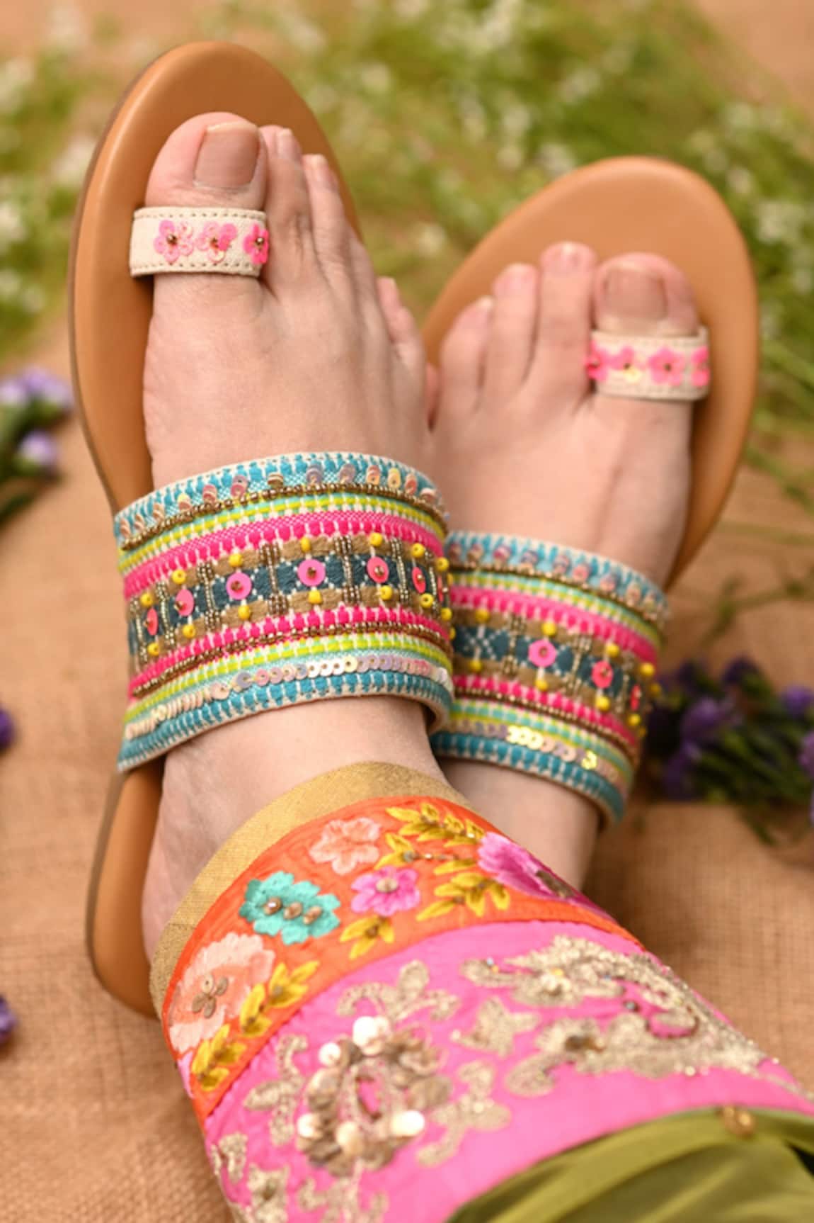 Coral Haze Riley Hand Embroidered Kolhapuri Sandals