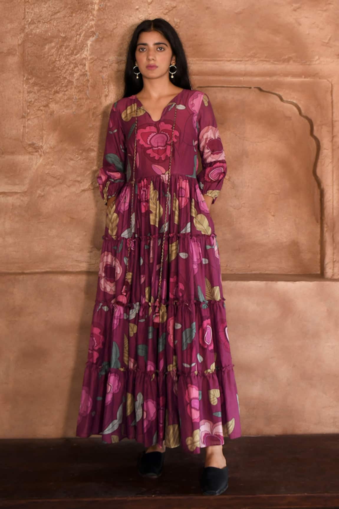 Taro Plum Garden Floral Print Maxi Dress 