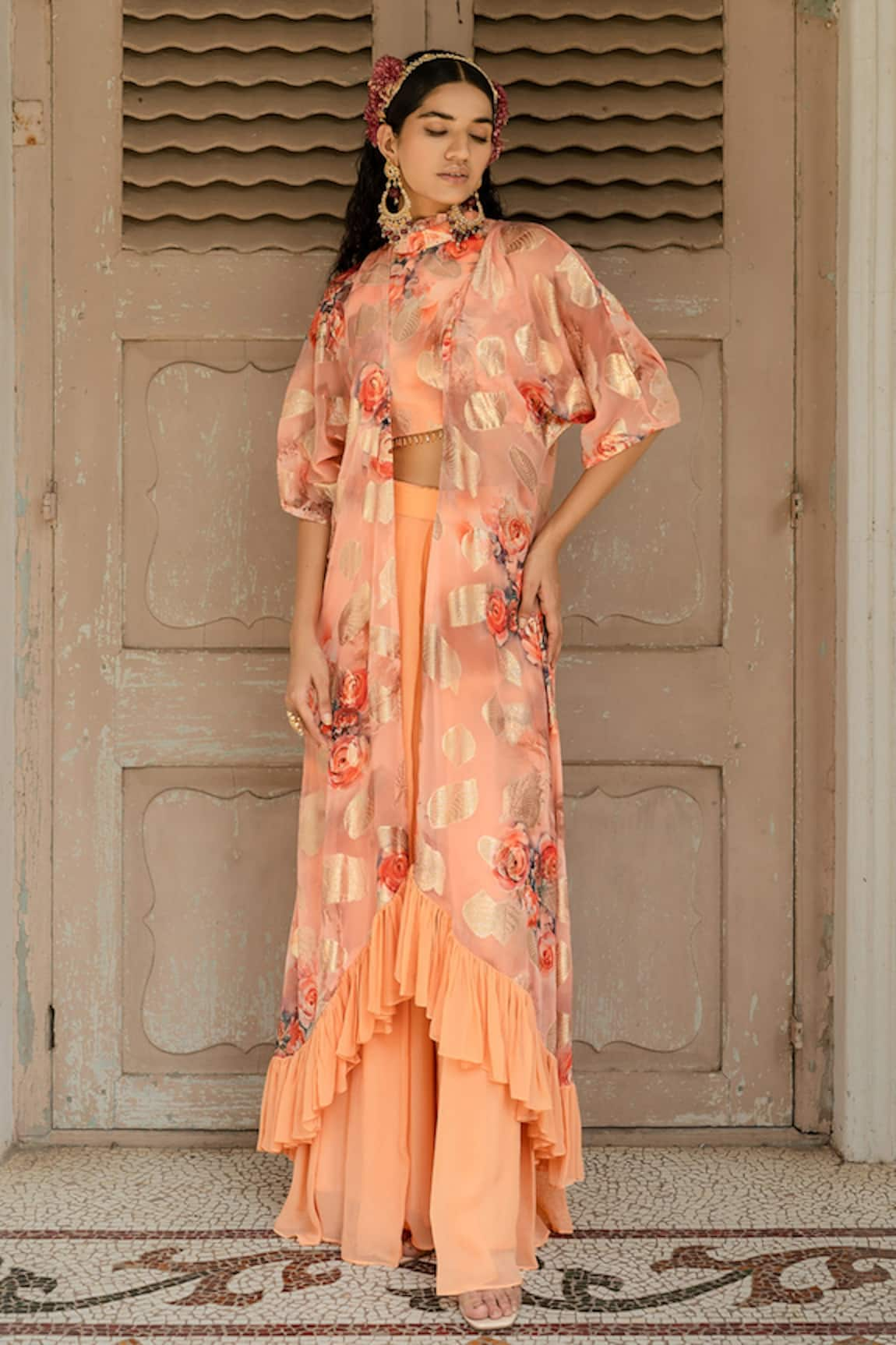 Amrin khan Floral Print Jacket And Pleated Pant Set