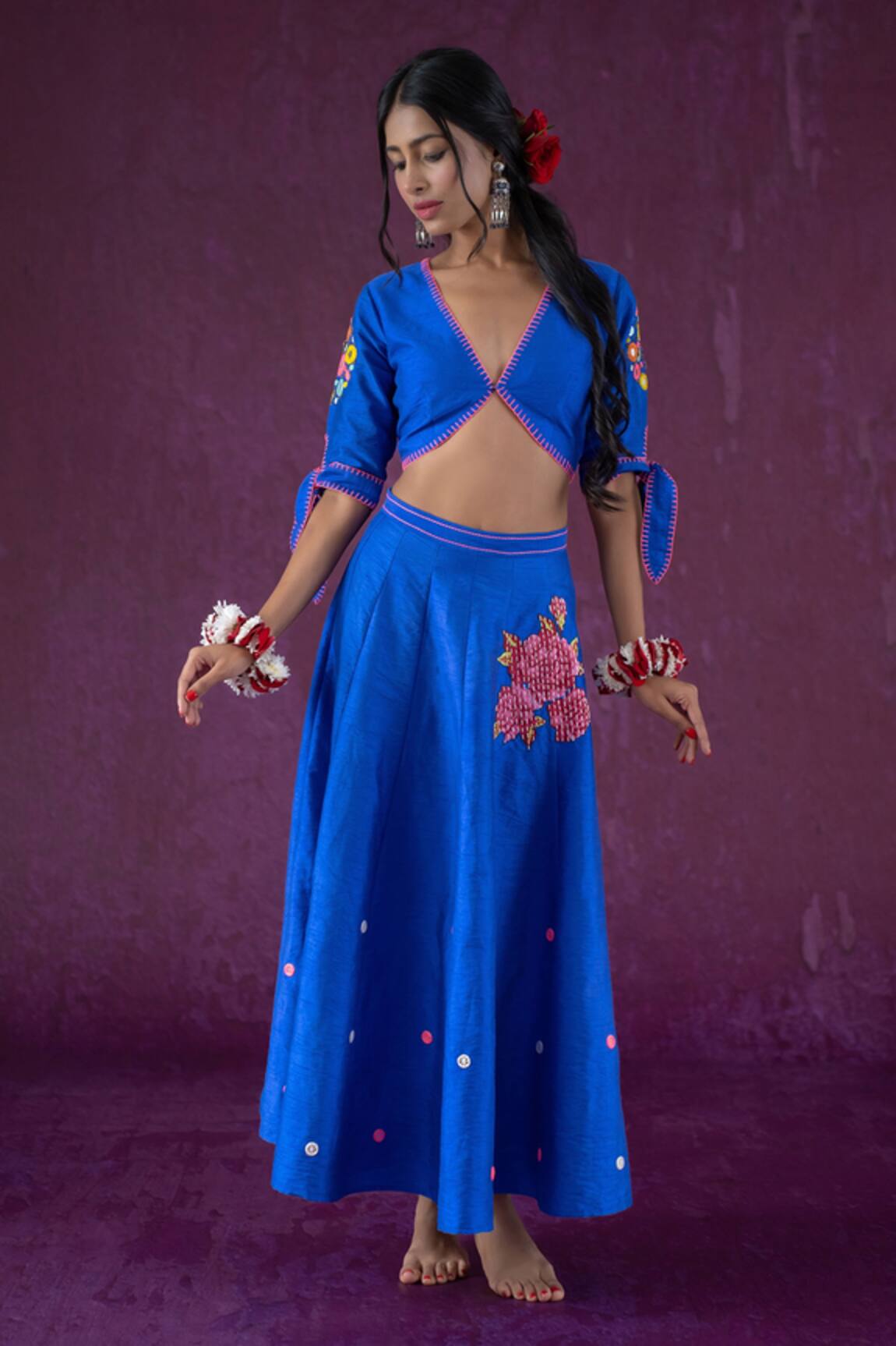 Kacha Tanka Mirror Embellished Crop Top & Lehenga Set