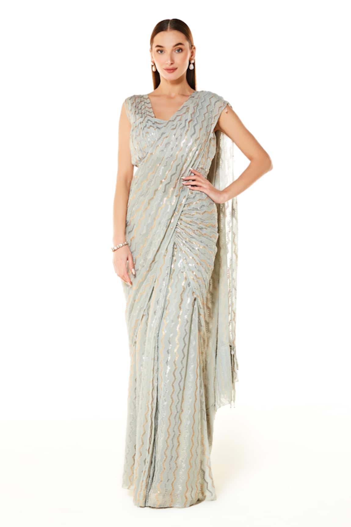 Rabani & Rakha Sairaa Chevron Pattern Pre-Stitched Saree With Blouse