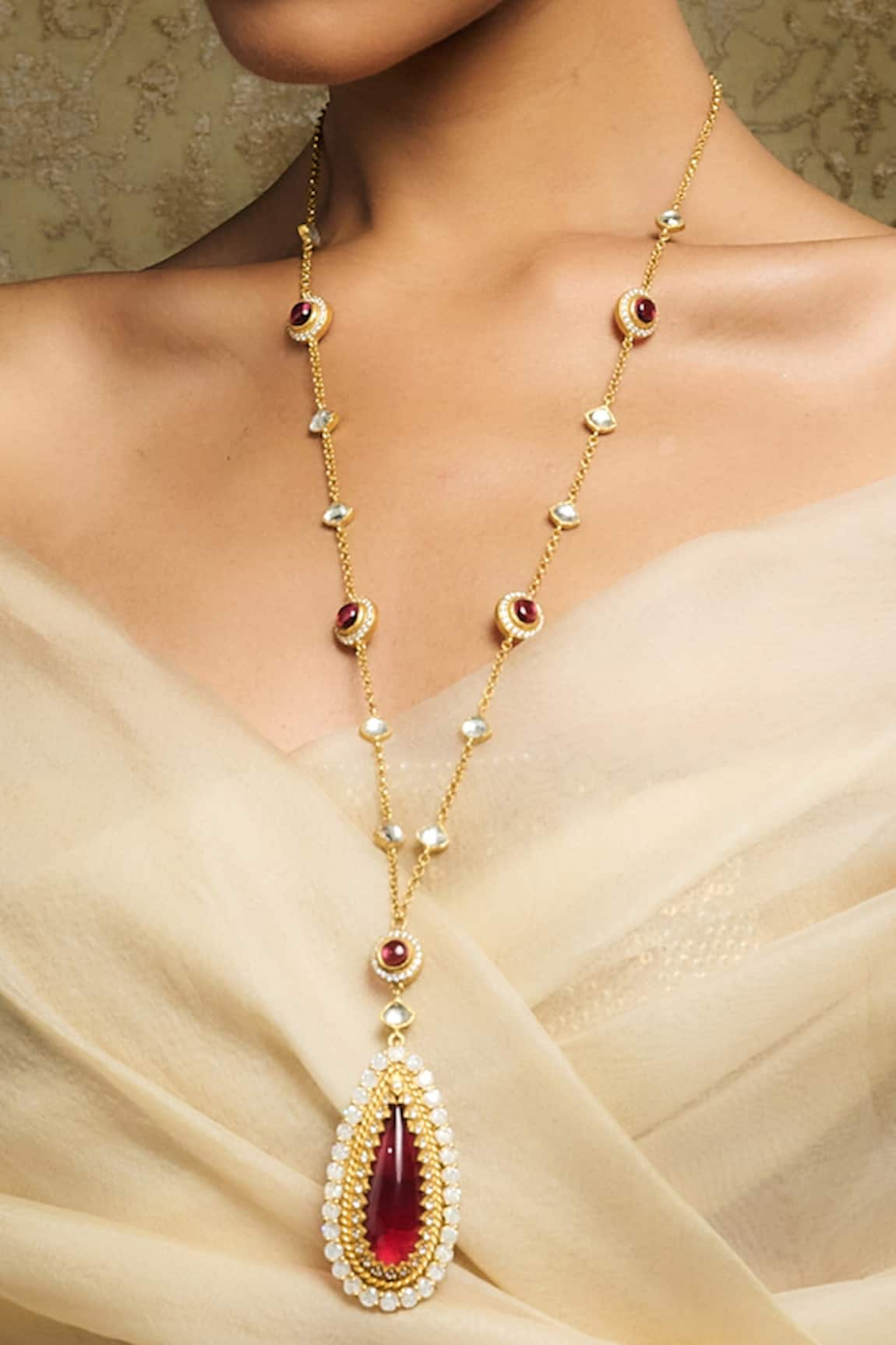 Tarun Tahiliani Cabochon Studded Long Necklace