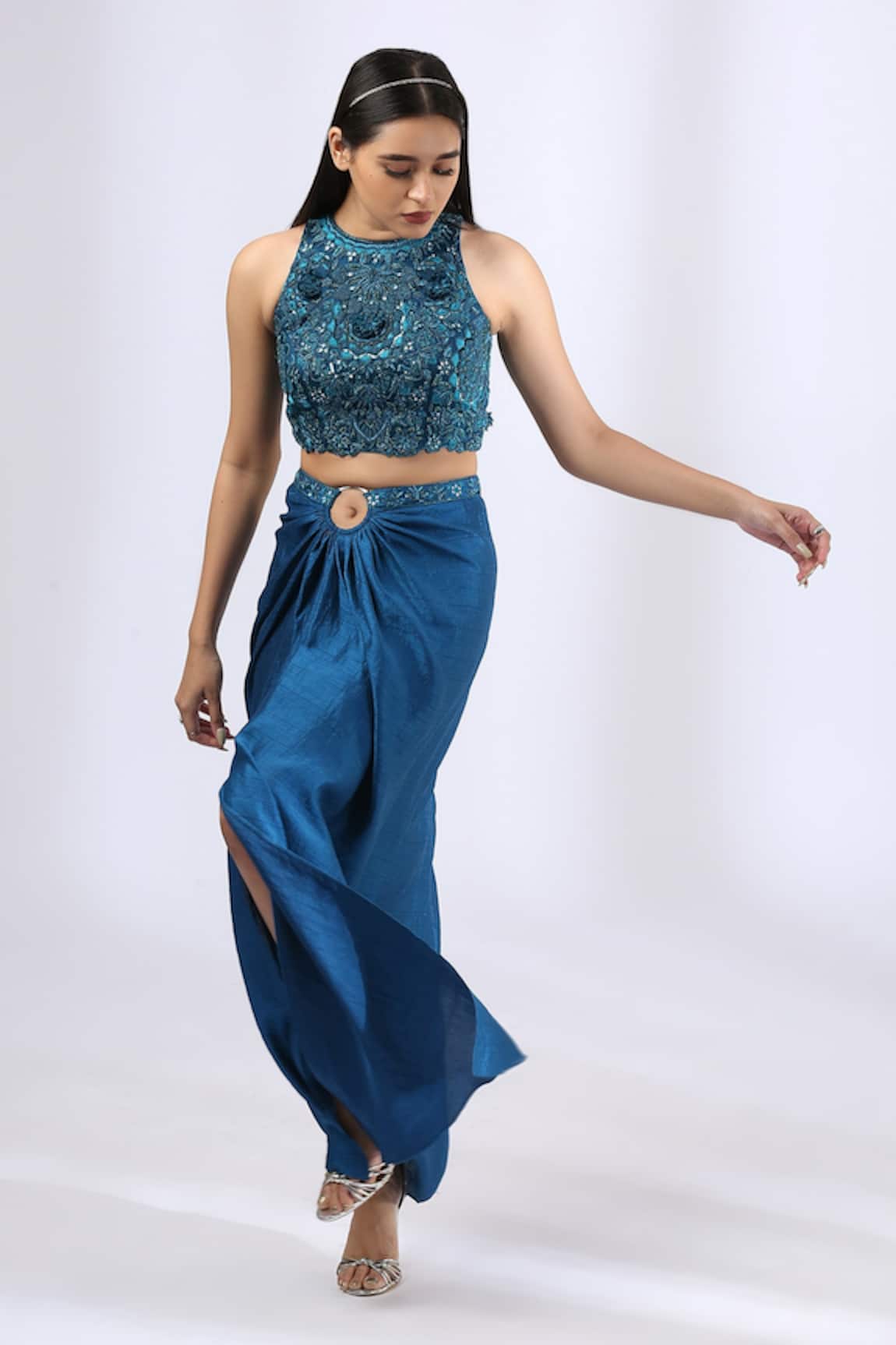 Neha Gursahani Embroidered Top And Draped Skirt Set 