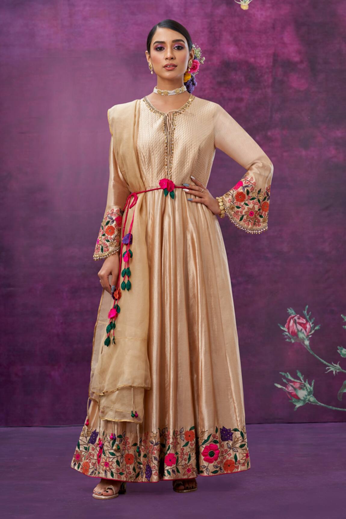 Label Niti Bothra Kora Silk Floral Applique Anarkali With Dupatta