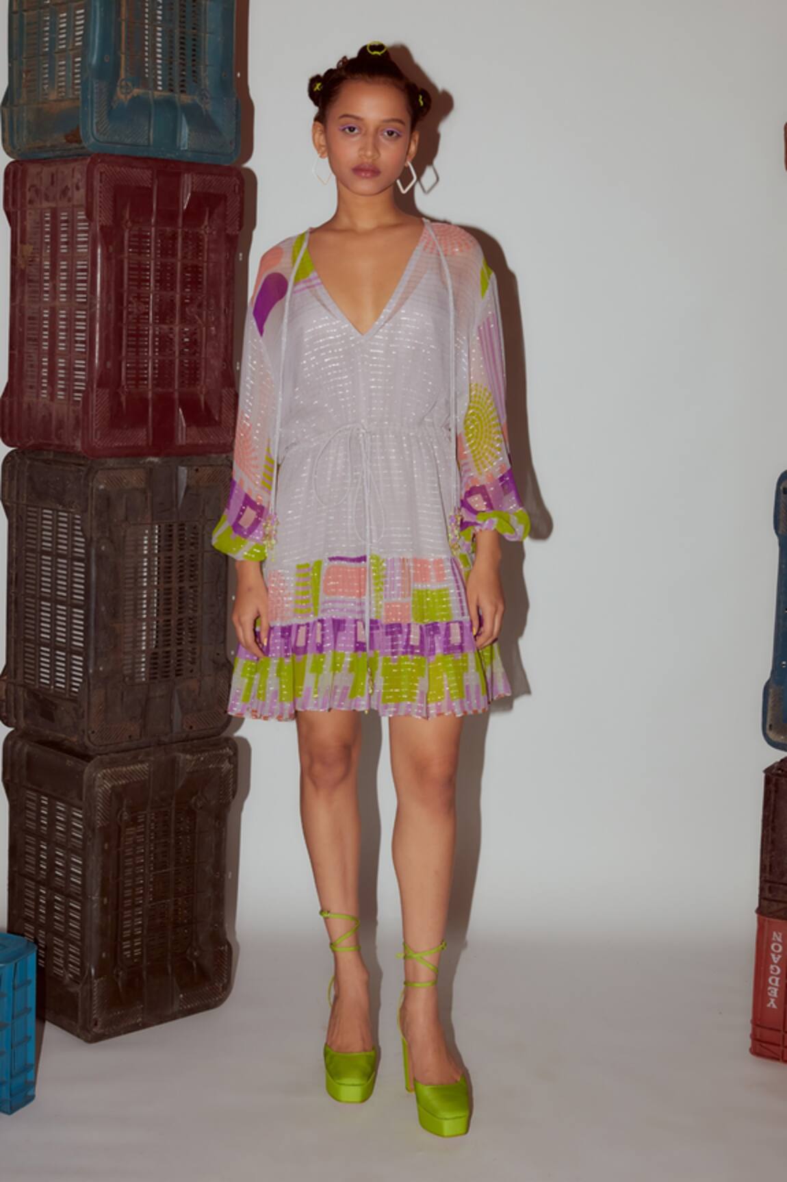 Nirmooha Geometric Print Tassel Tie-Up Dress 