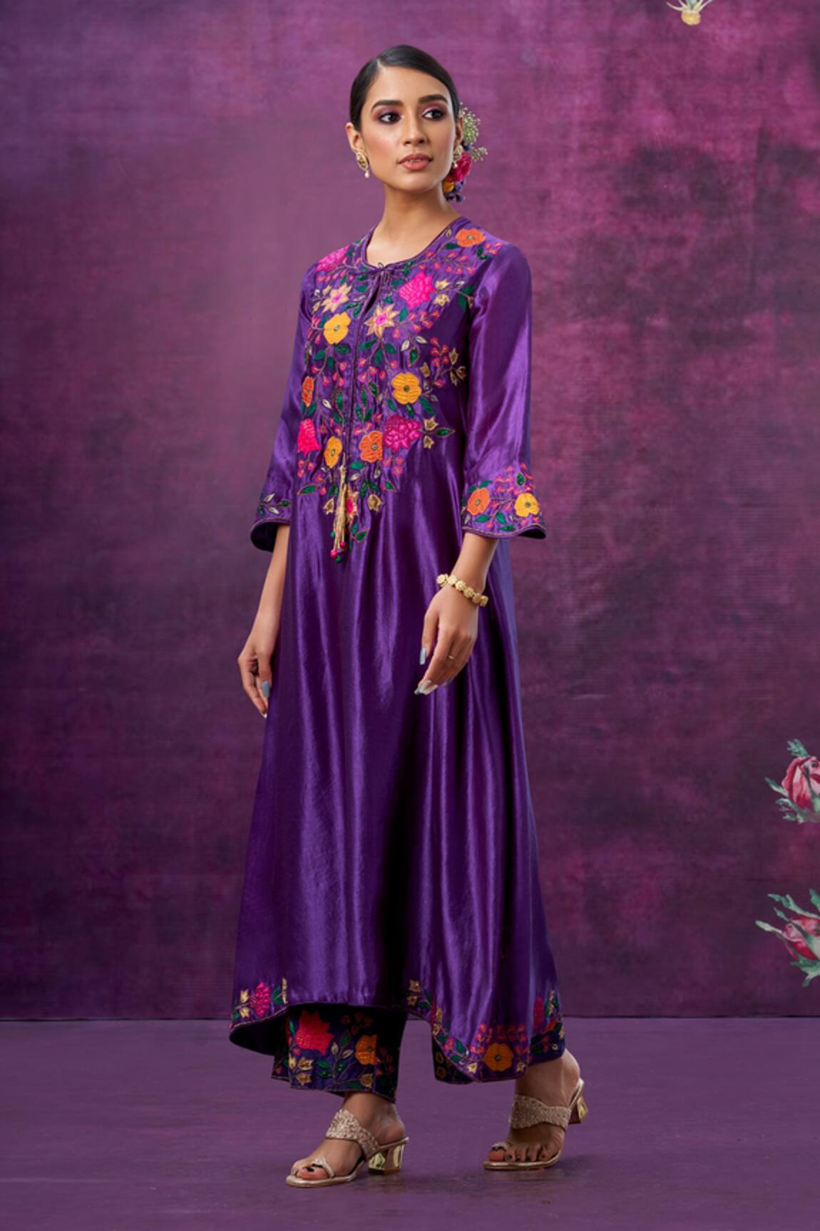 Label Niti Bothra Kora Silk Mughal Applique Kurta And Palazzo Set