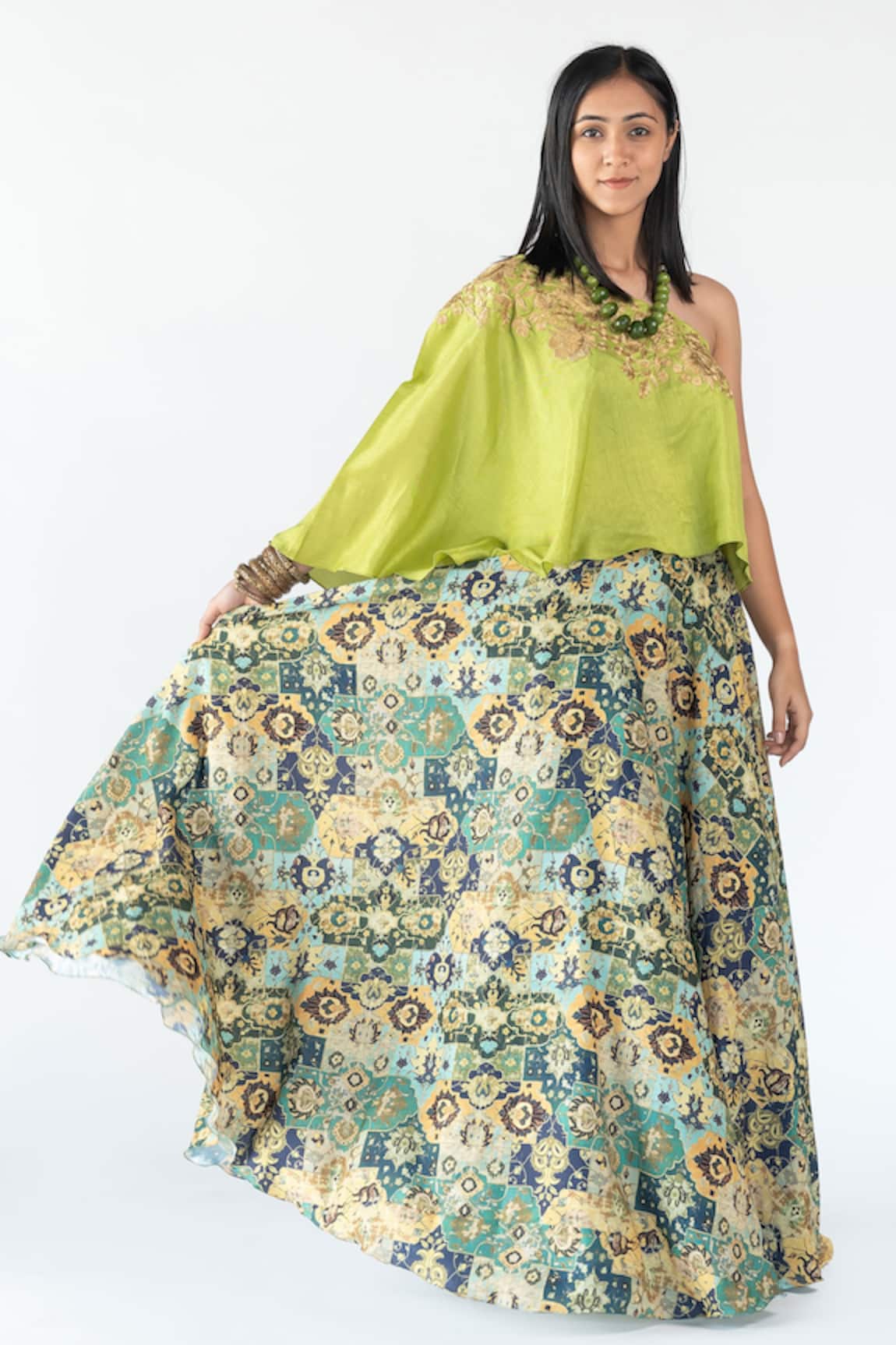 Nikita Vishakha One Shoulder Top And Persian Print Skirt Set 