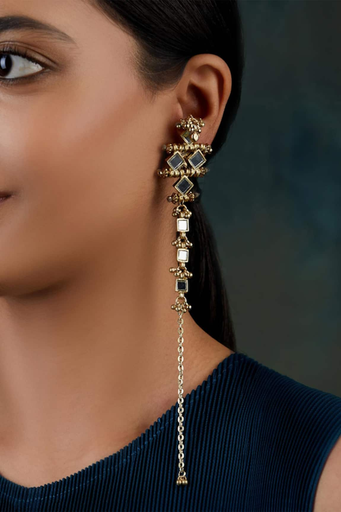 House Of Tuhina Mirror Studded Mumtaz Chain Earrings