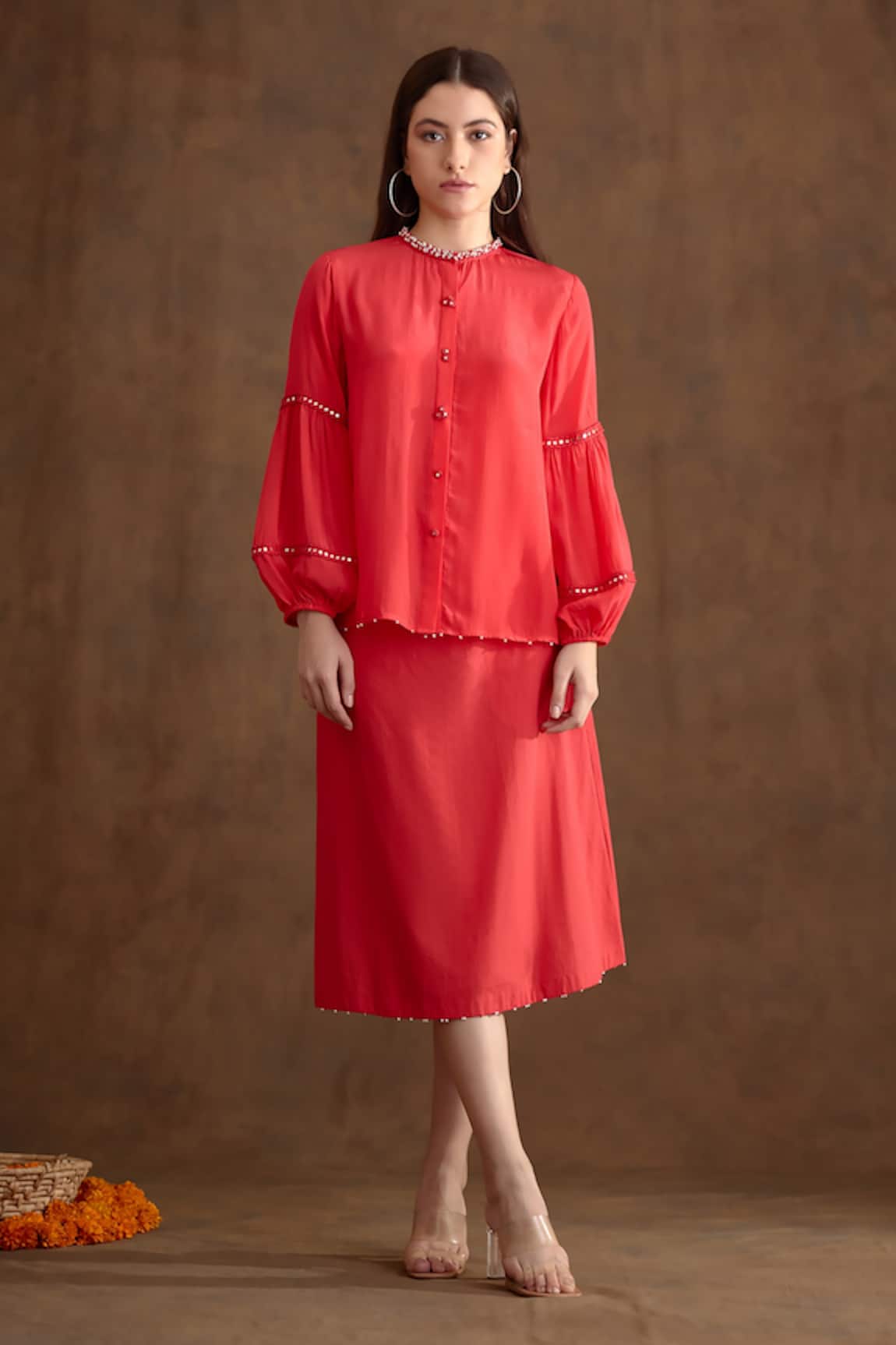 Nikasha Bead Neckline Embroidered Shirt & A-Line Skirt Set