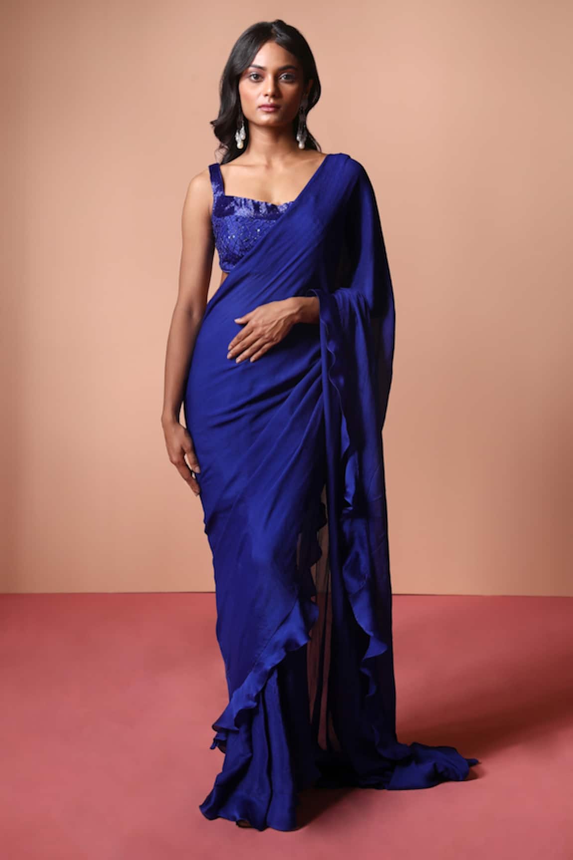 Soha by Harleen and Sona Silk Sequin Work Blouse With Ruffled Pre-Stitched Saree