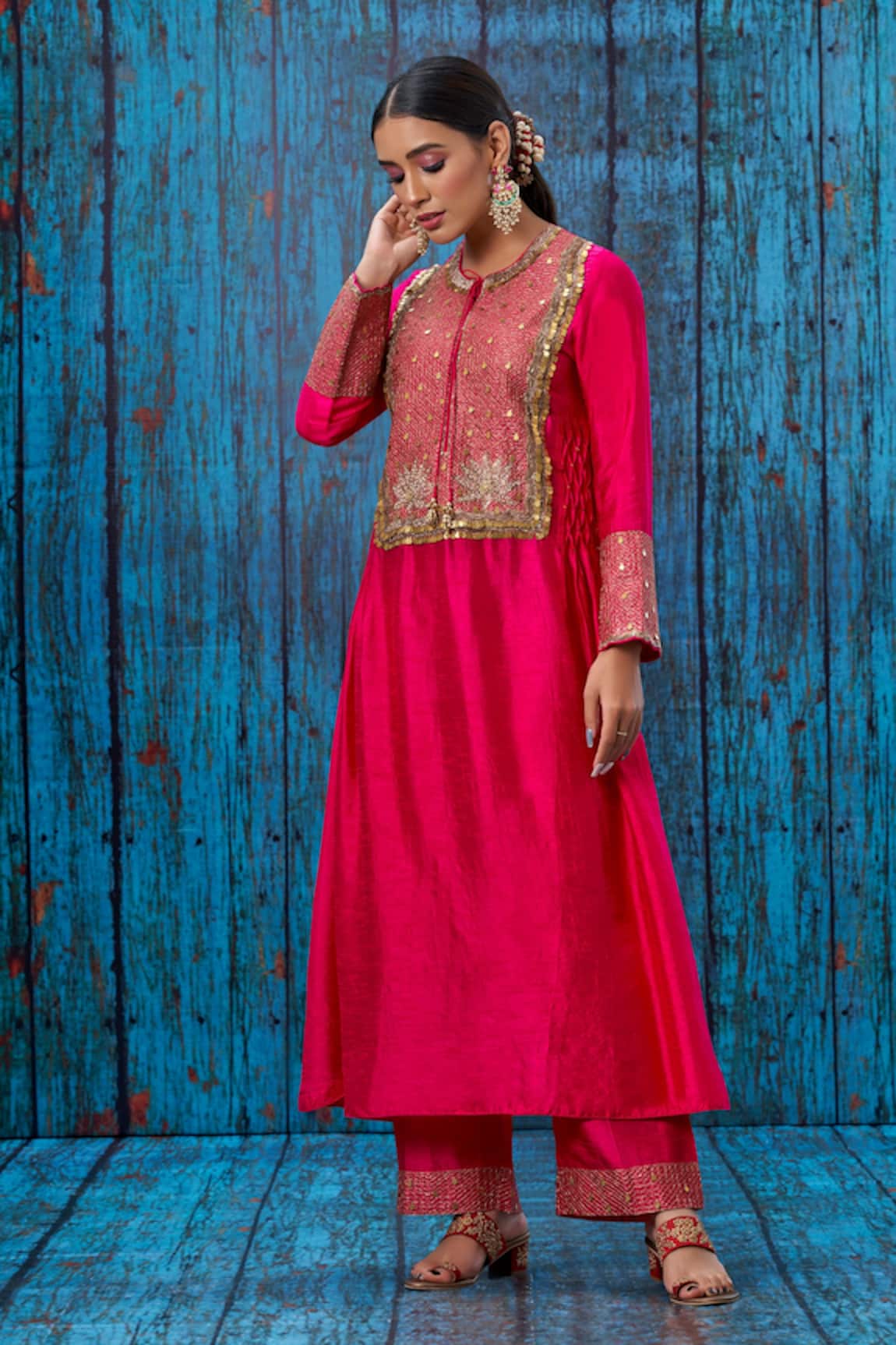 Label Niti Bothra Silk Lotus Work Yoke Kurta And Palazzo Set