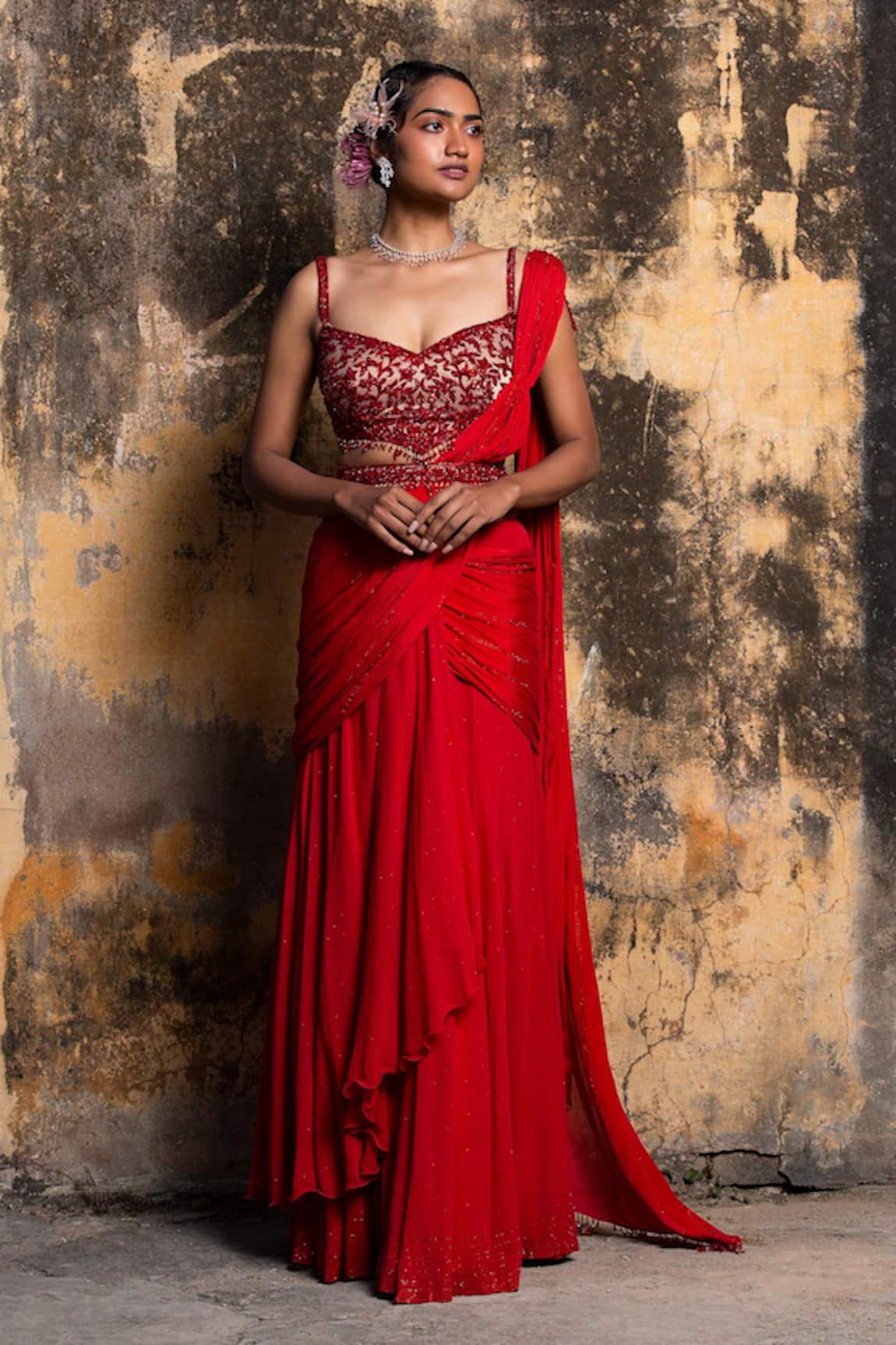Nitika Gujral Draped Saree With Net Embroidered Blouse 