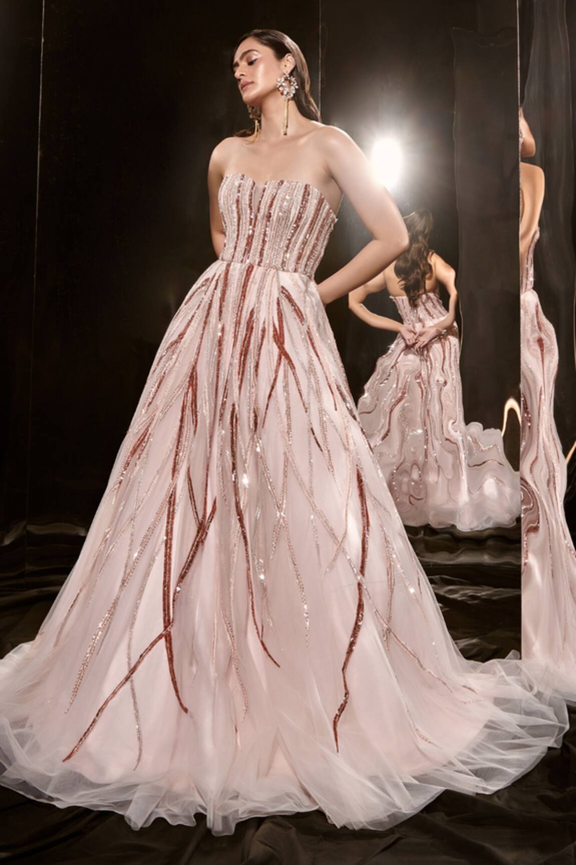 Masumi Mewawalla Stripe Pattern Embroidered Strapless Gown