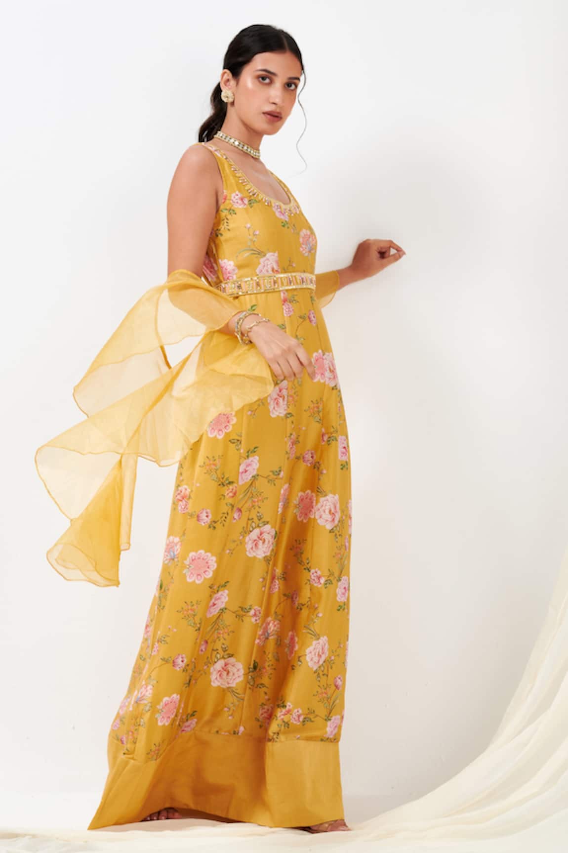 Label Flamingo By Vrinda Rosette Print Panelled Anarkali With Dupatta