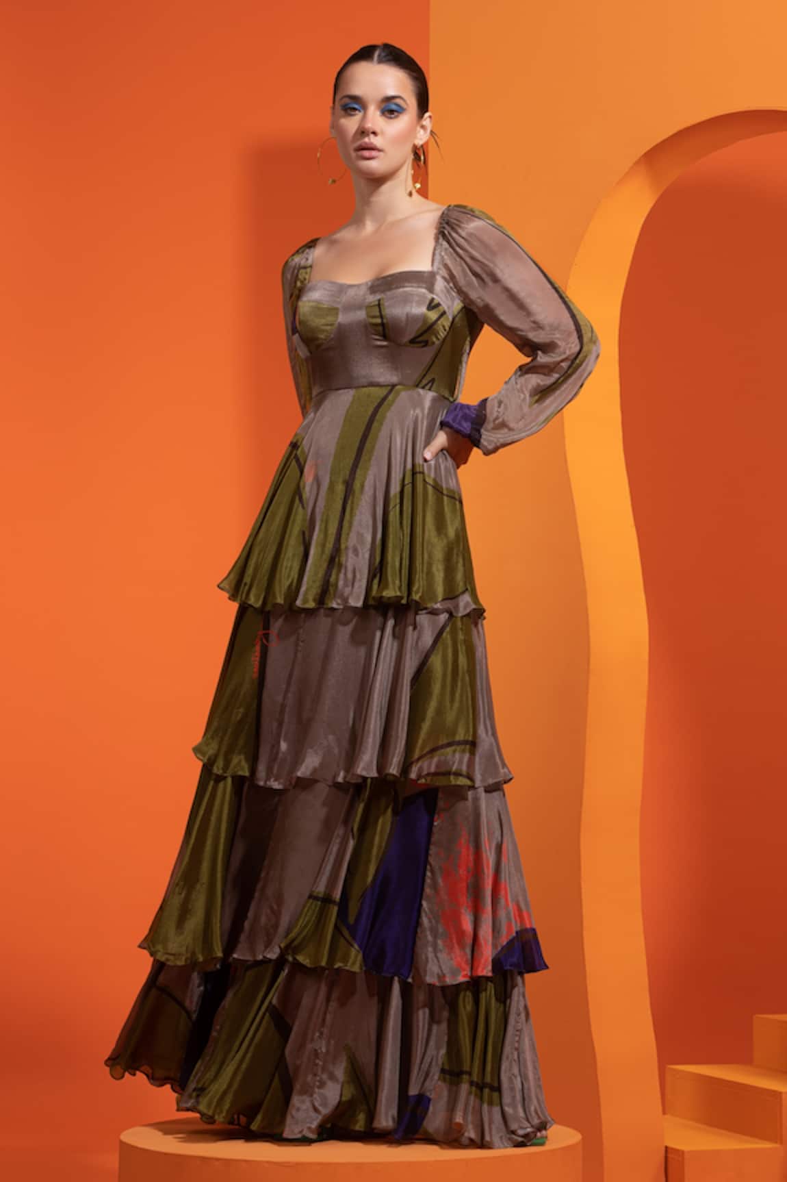 Nautanky Abstract Geometric Print Tiered Dress