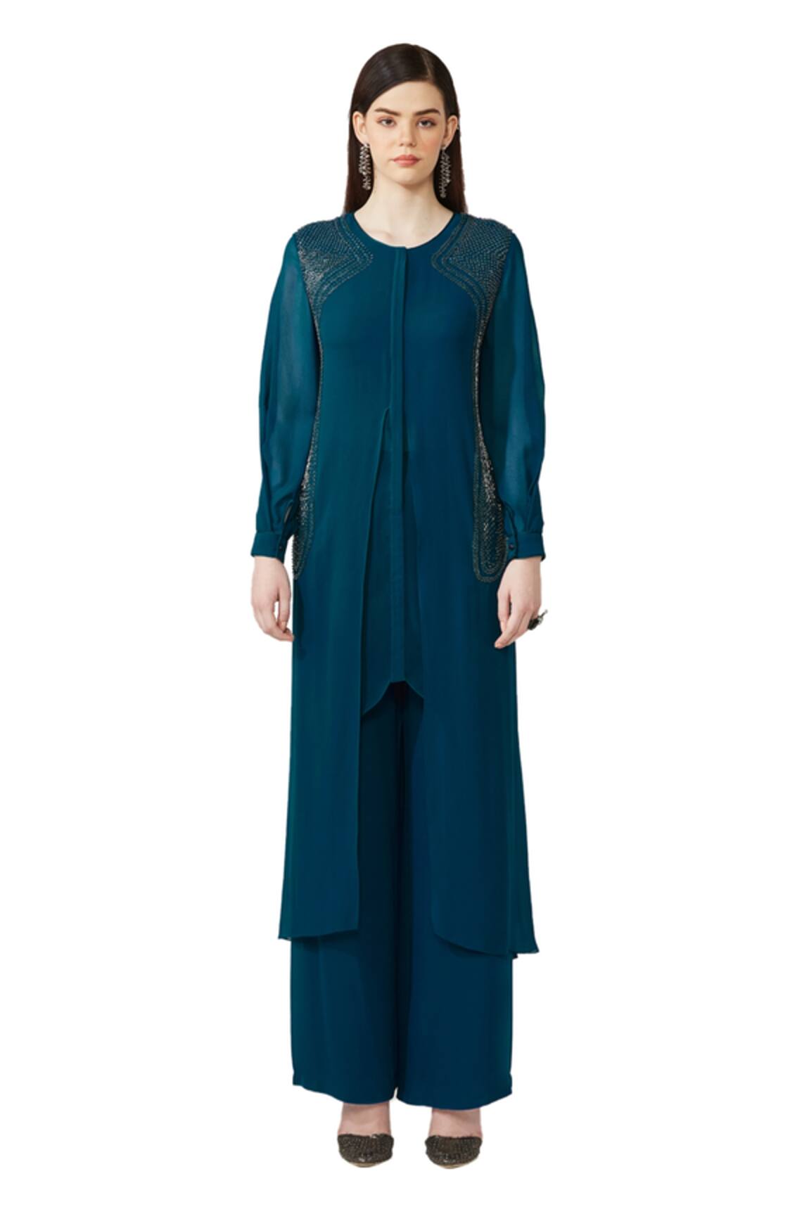 Rohit Gandhi + Rahul Khanna Double Layered Embellished Kurta & Flared Pant Set