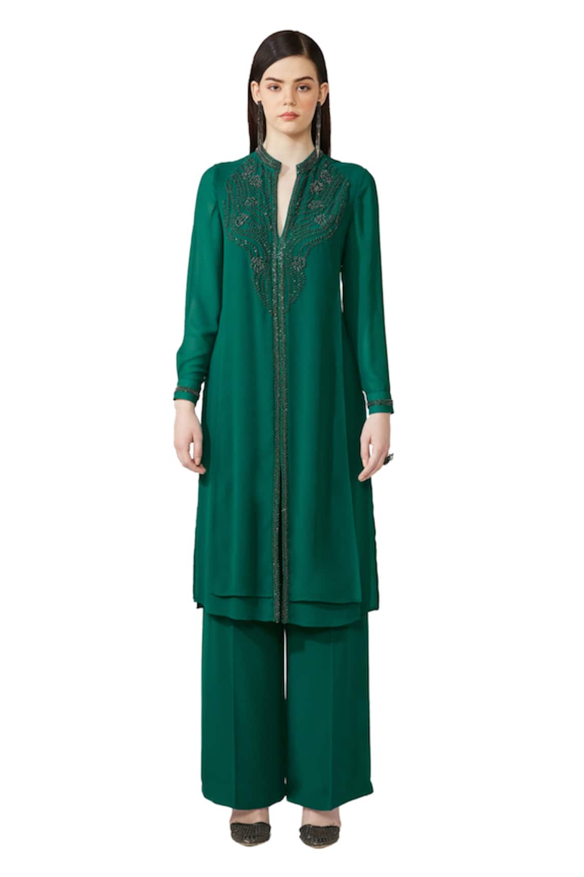 Rohit Gandhi + Rahul Khanna Mandarin Collar Embellished Kurta & Flared Pant Set