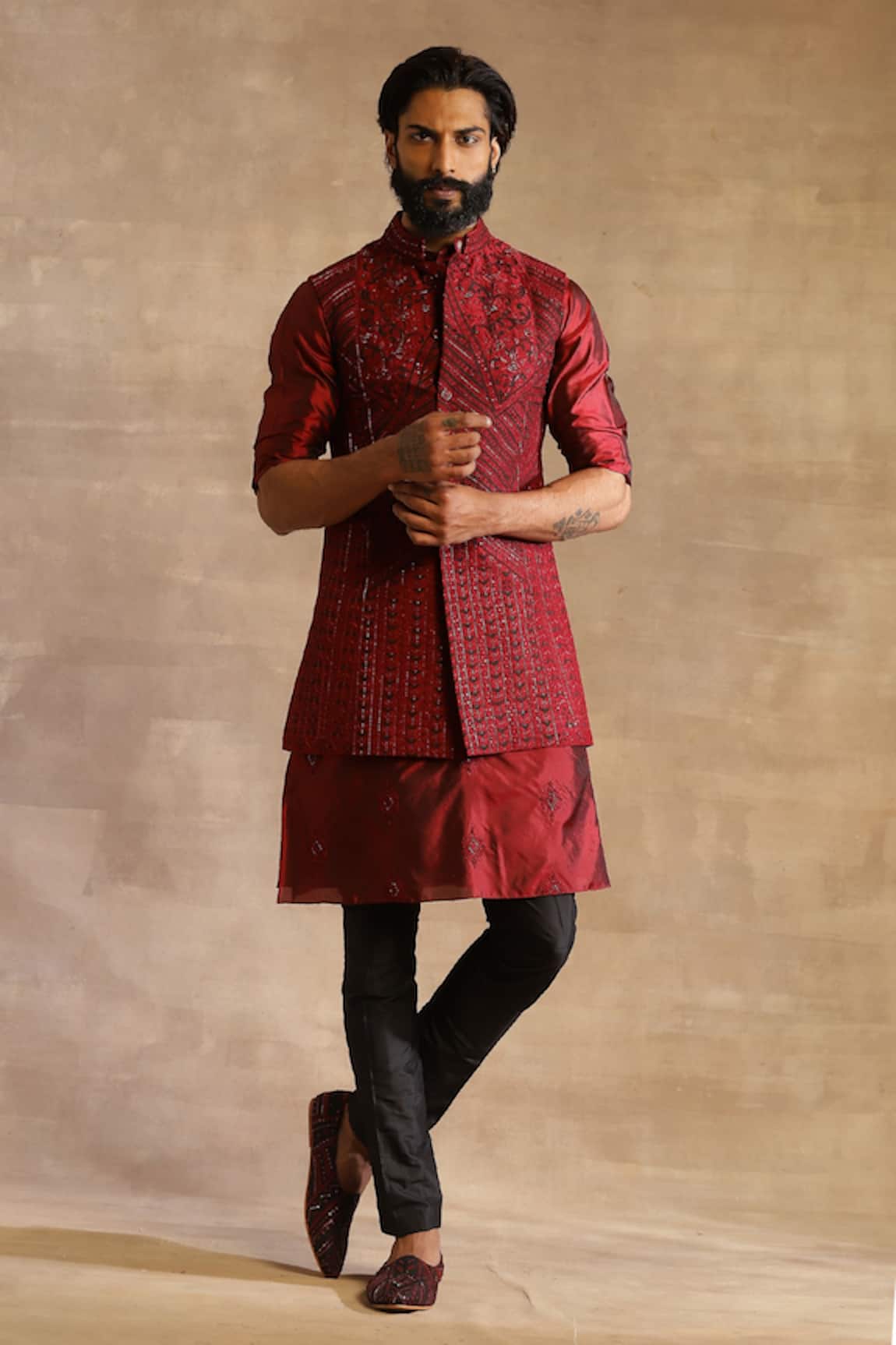 Raghavendra Rathore Jodhpur Long Raw Silk Embroidered Waistcoat