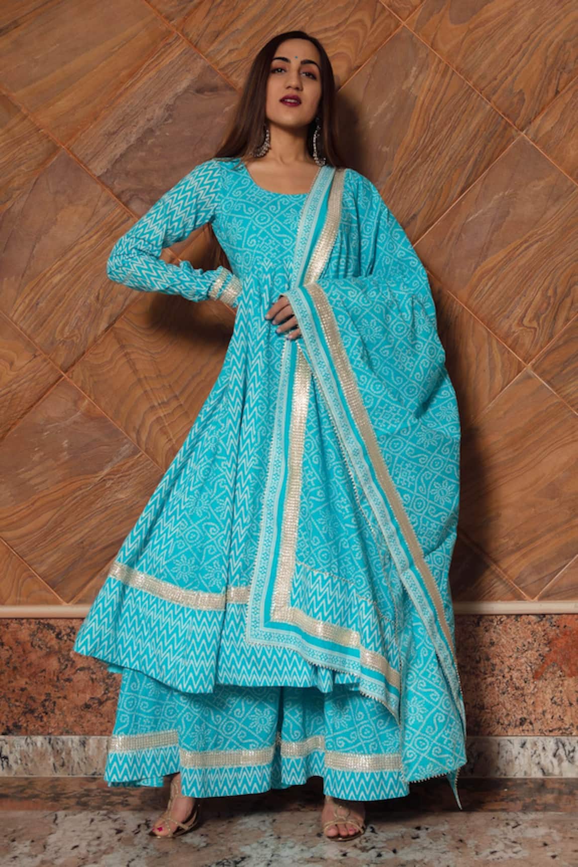 Pomcha Jaipur Neelkari Printed Anarkali Set 