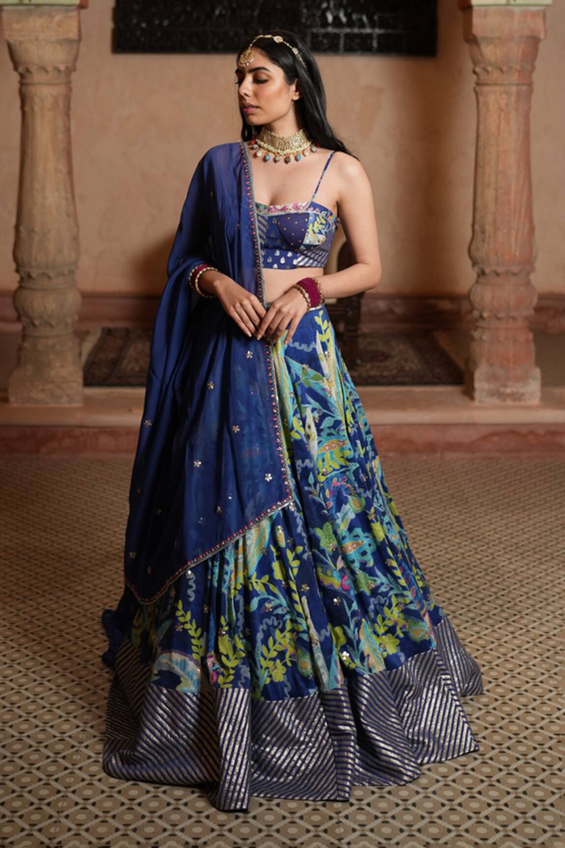 Ruhr India Silk Chanderi Floral Print Lehenga Set