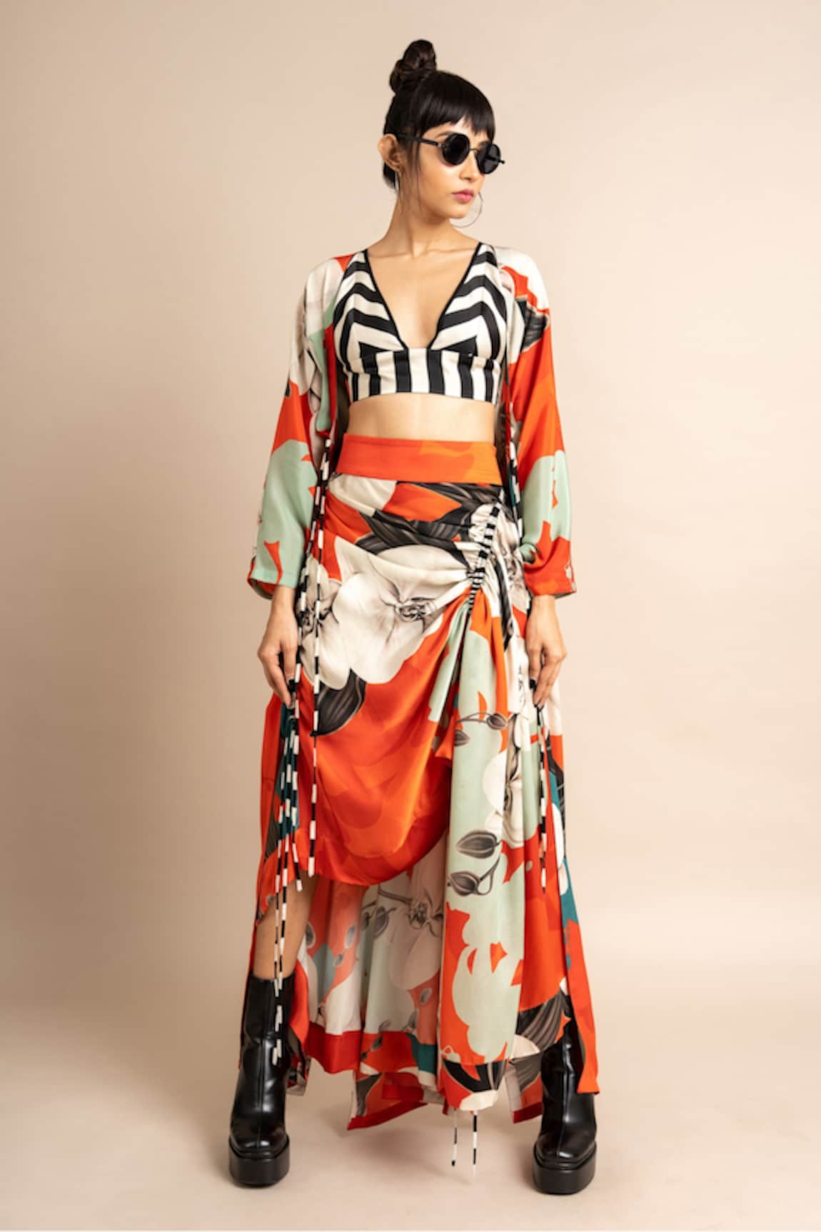 Nupur Kanoi Floral Print Kimono Jacket & Skirt Set