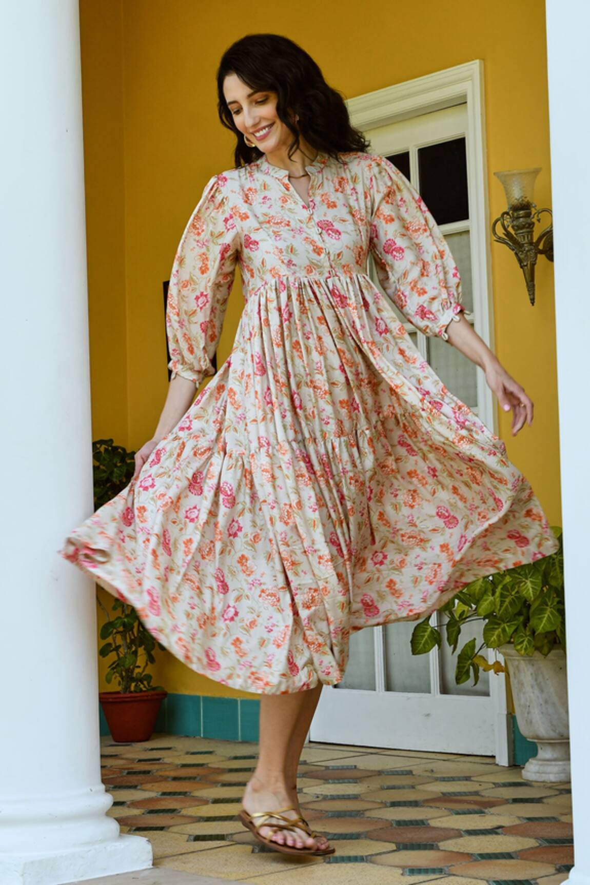 KARAJ JAIPUR Floral Print Tiered Dress