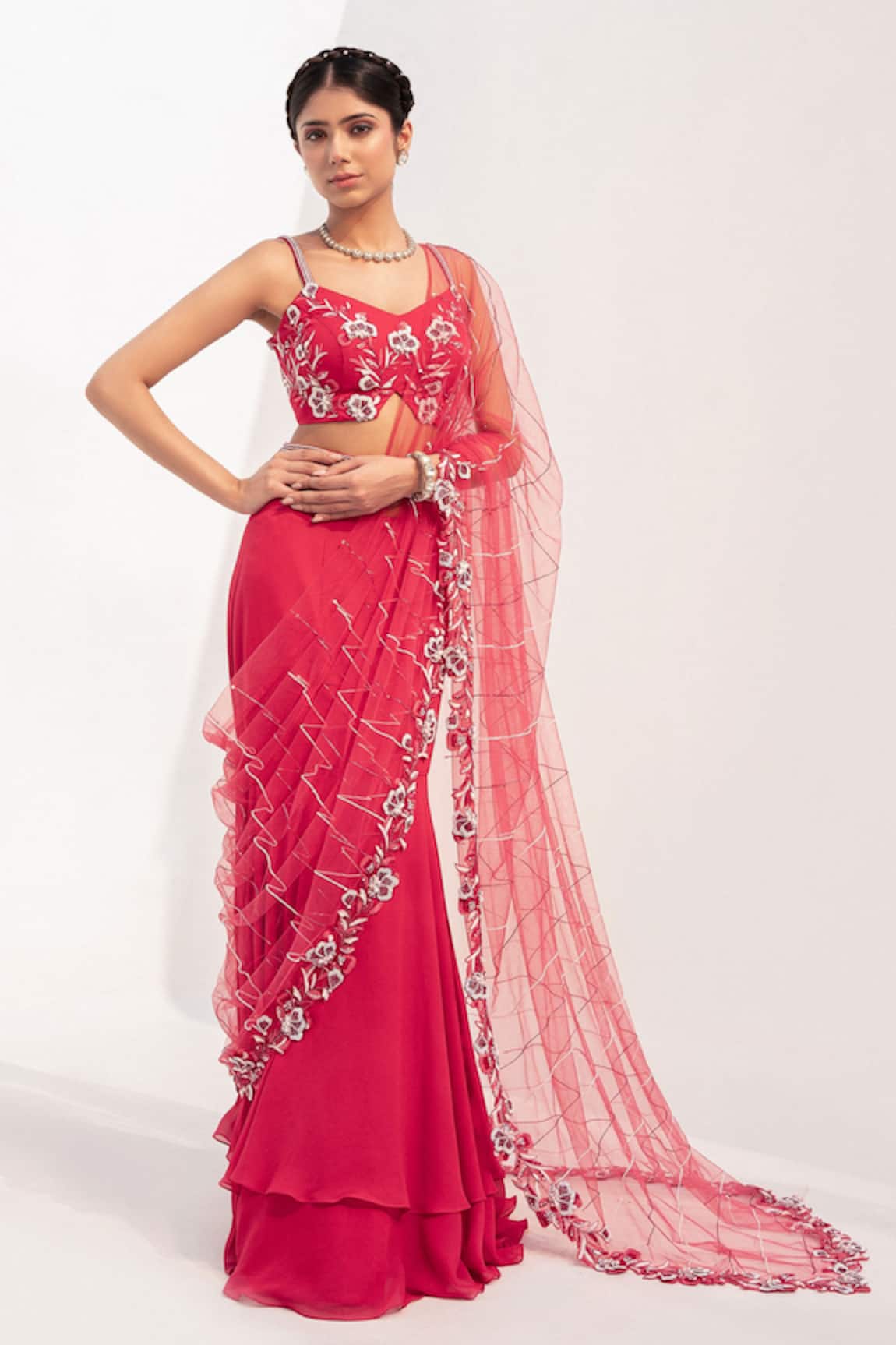 Nayna Kapoor Pre-Draped Floral Embroidered Saree With Blouse