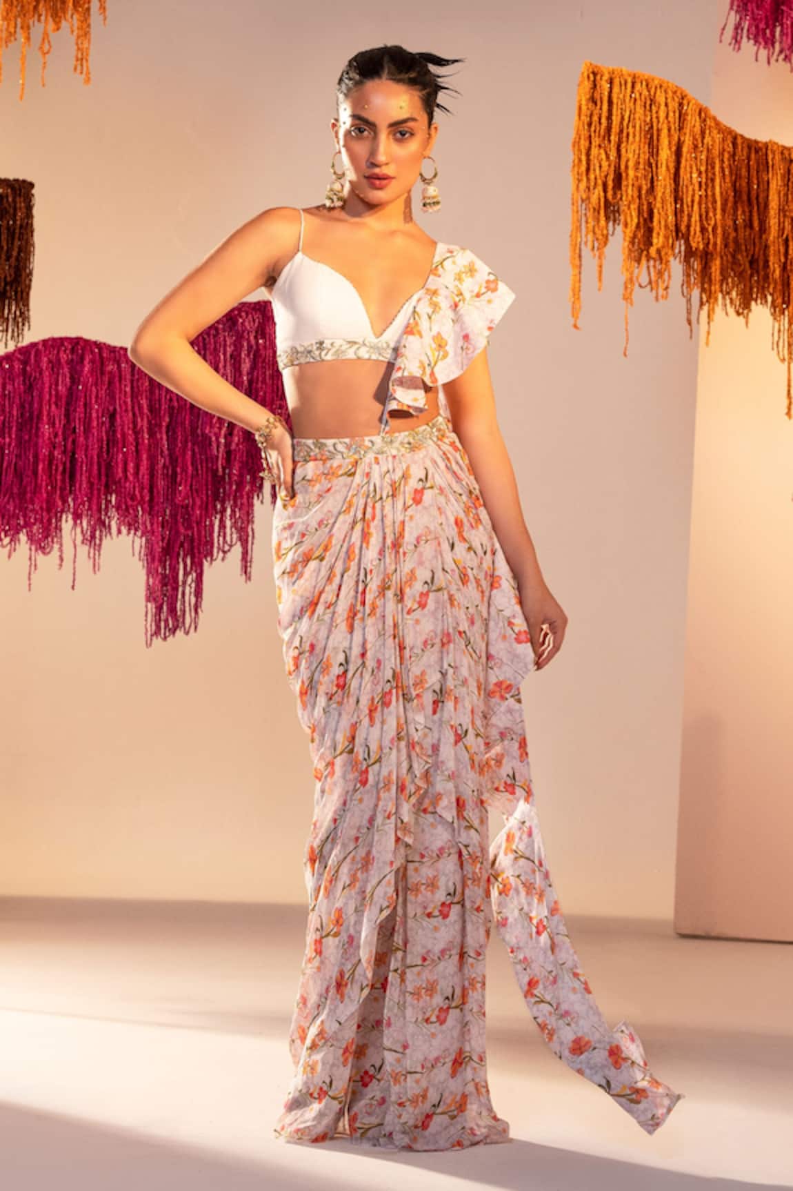 Silky Bindra Floral Print Draped Skirt Set With Frill Dupatta