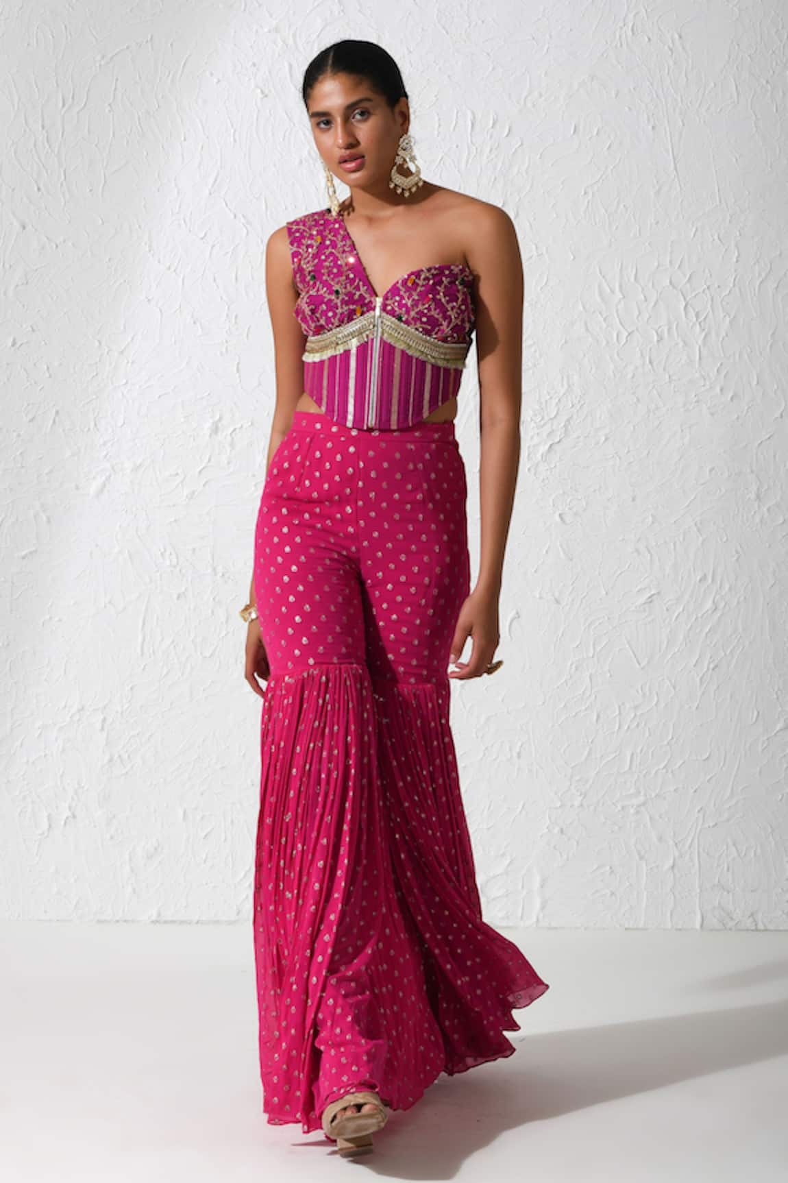 Rishi and Vibhuti Burnt Pepper Embroidered Corset & Flared Pant Set 