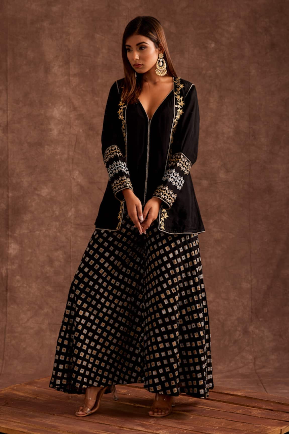 The Home Affair Handblock Print Jacket Sharara Set