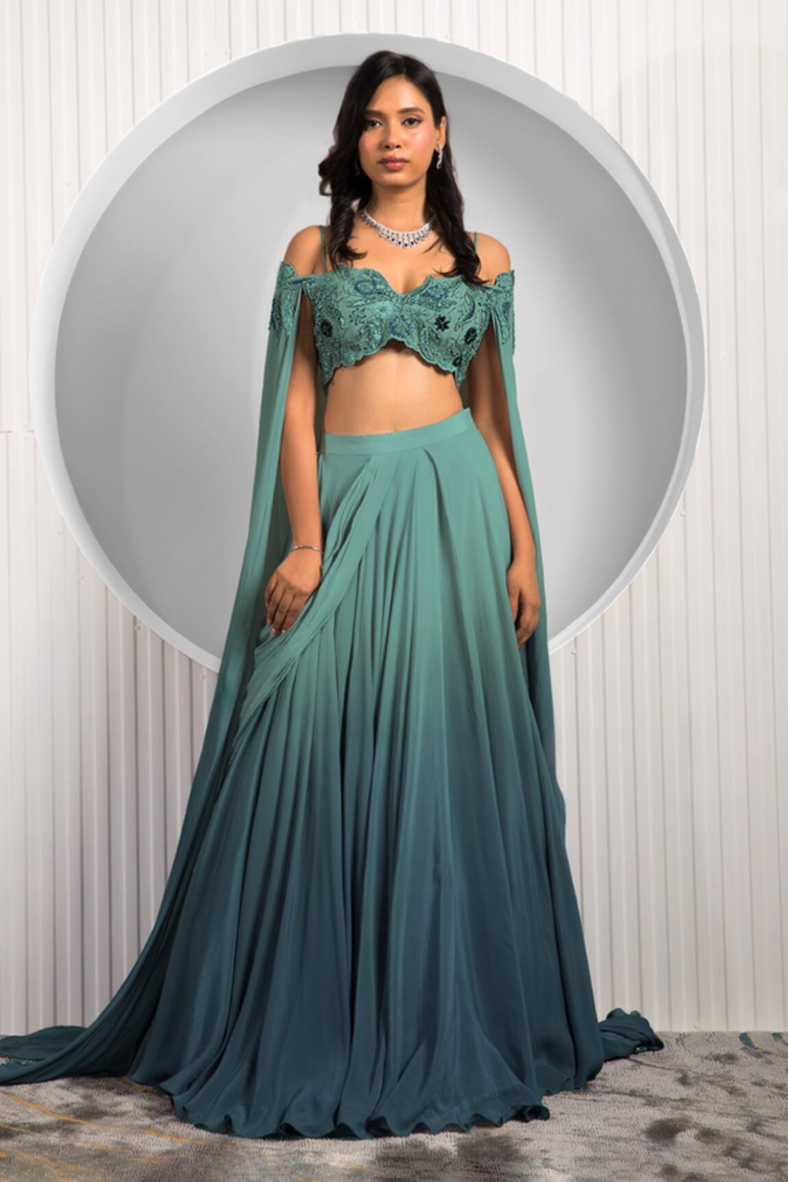 Jade By Ashima Columbine Cape Sleeve Blouse & Flared Skirt Set