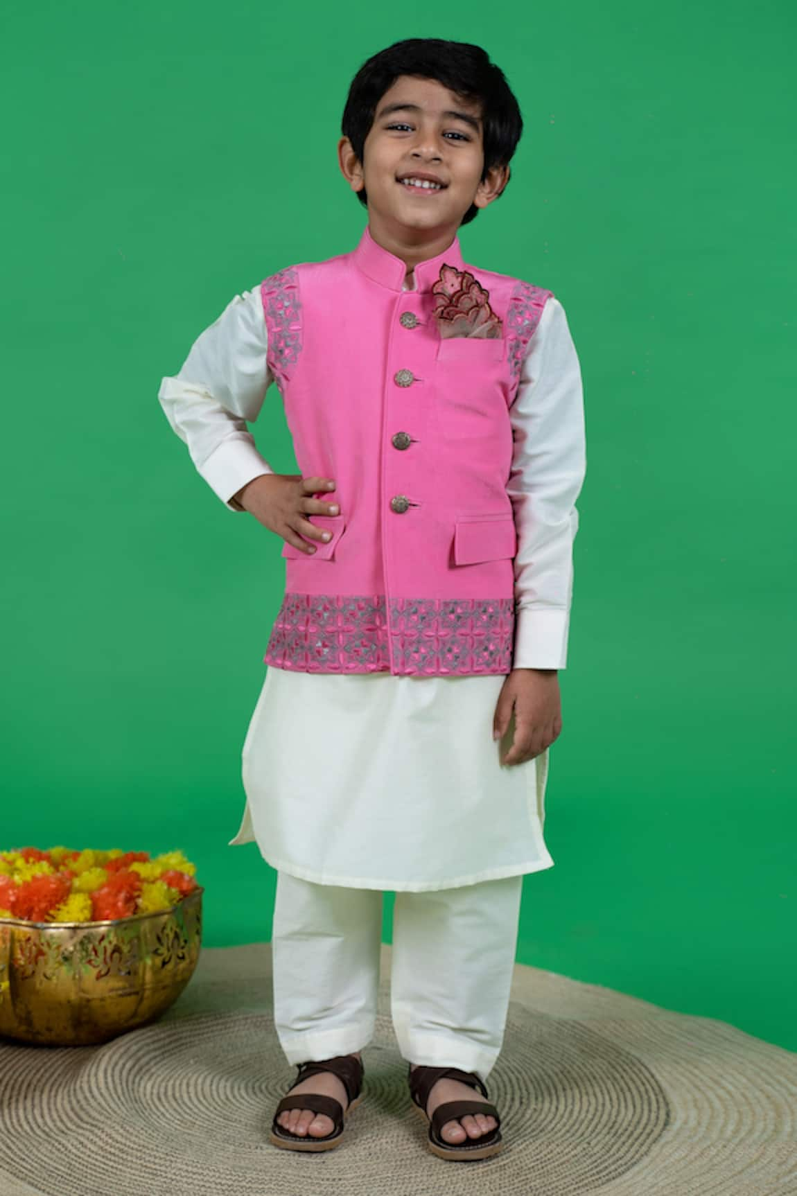 Little Boys Closet by Gunjan Khanijou Resham Embroidered Bundi Kurta Set