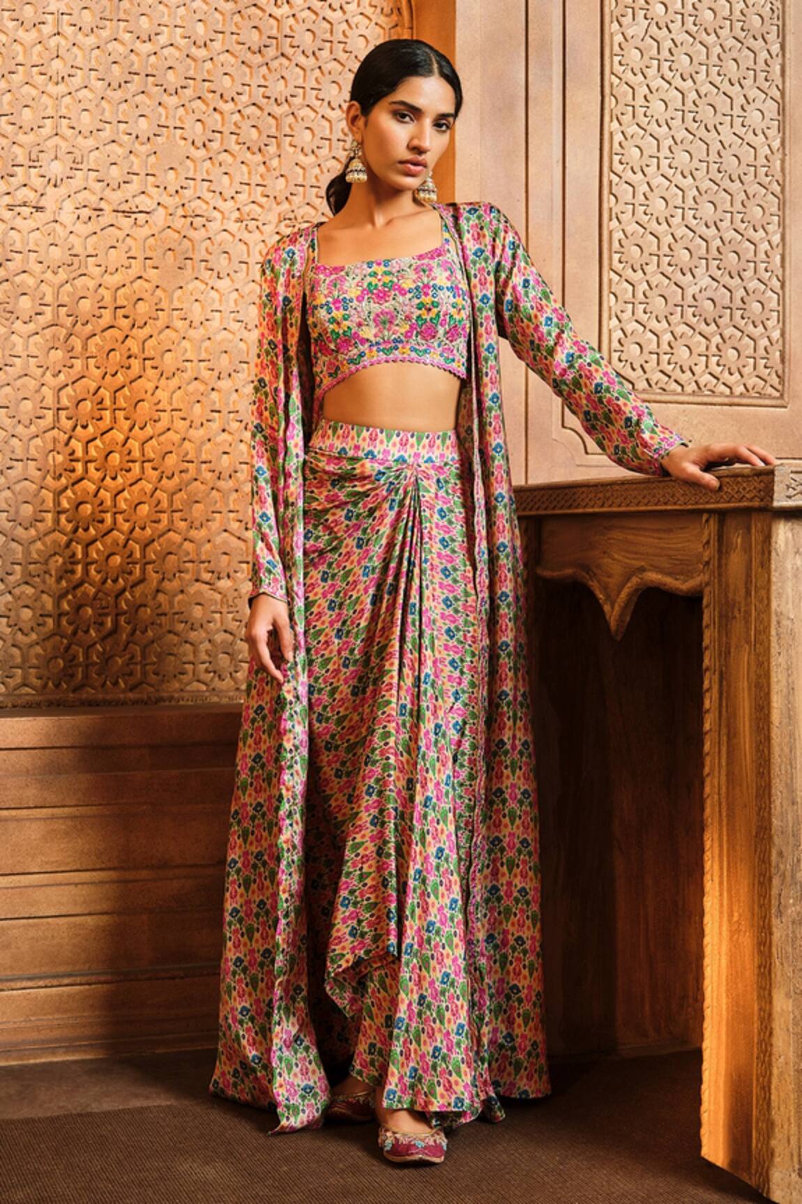 Aneesh Agarwaal Ikat Print Long Jacket & Draped Skirt Set