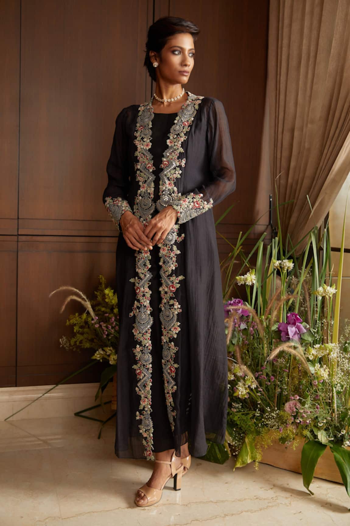 Prisho Floral Embroidered Jacket & Sharara Set