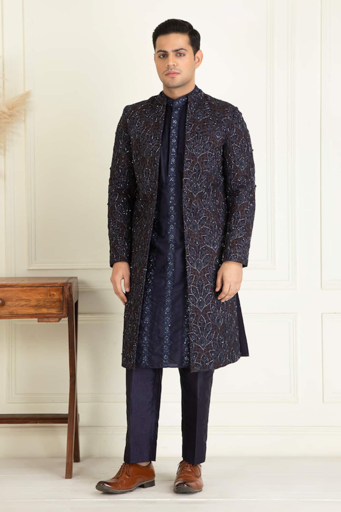 Priyanka Jain Midnight Blue Embroidered Bundi Set