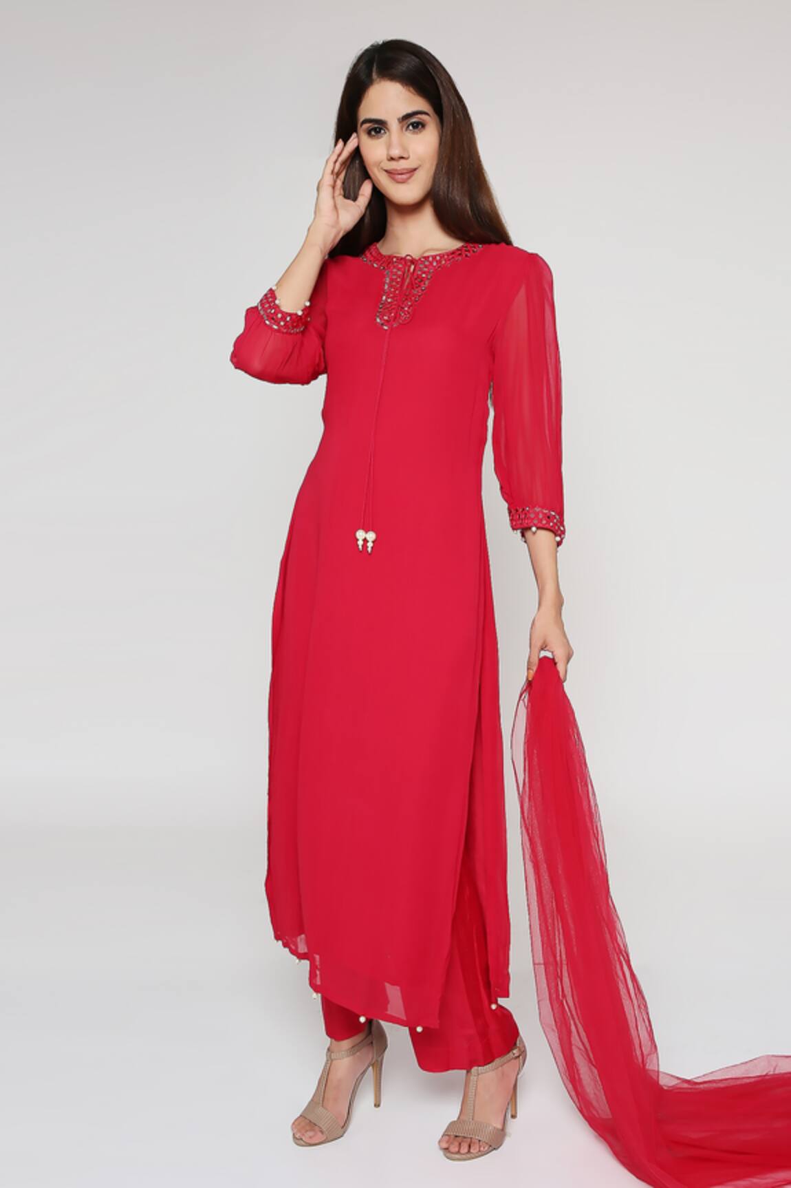 Bha Sha Niesha Neck Embroidered Long Kurta Pant Set