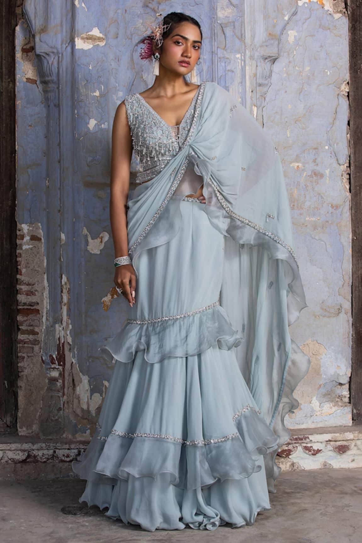Nitika Gujral Ruffle Draped Saree With Cutout Blouse