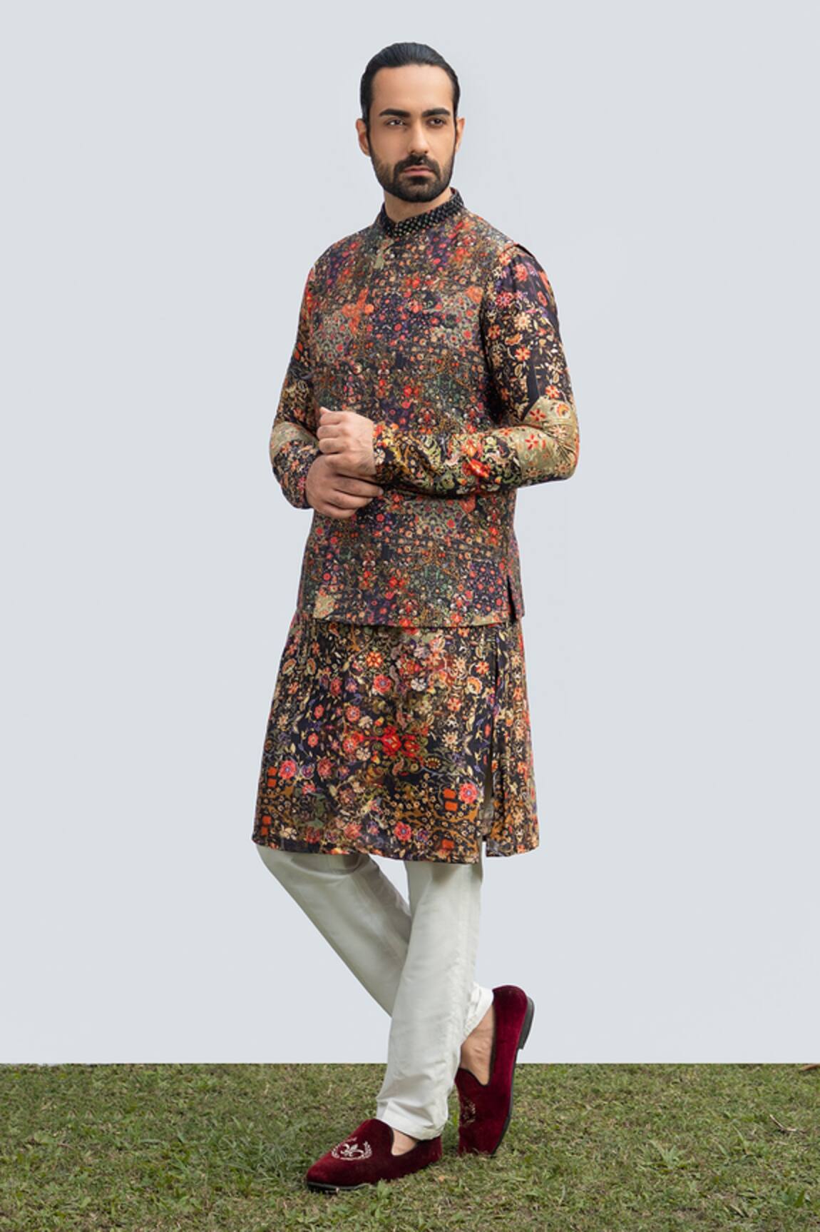 Kaka Calcutta Floral Print Bundi Kurta Set