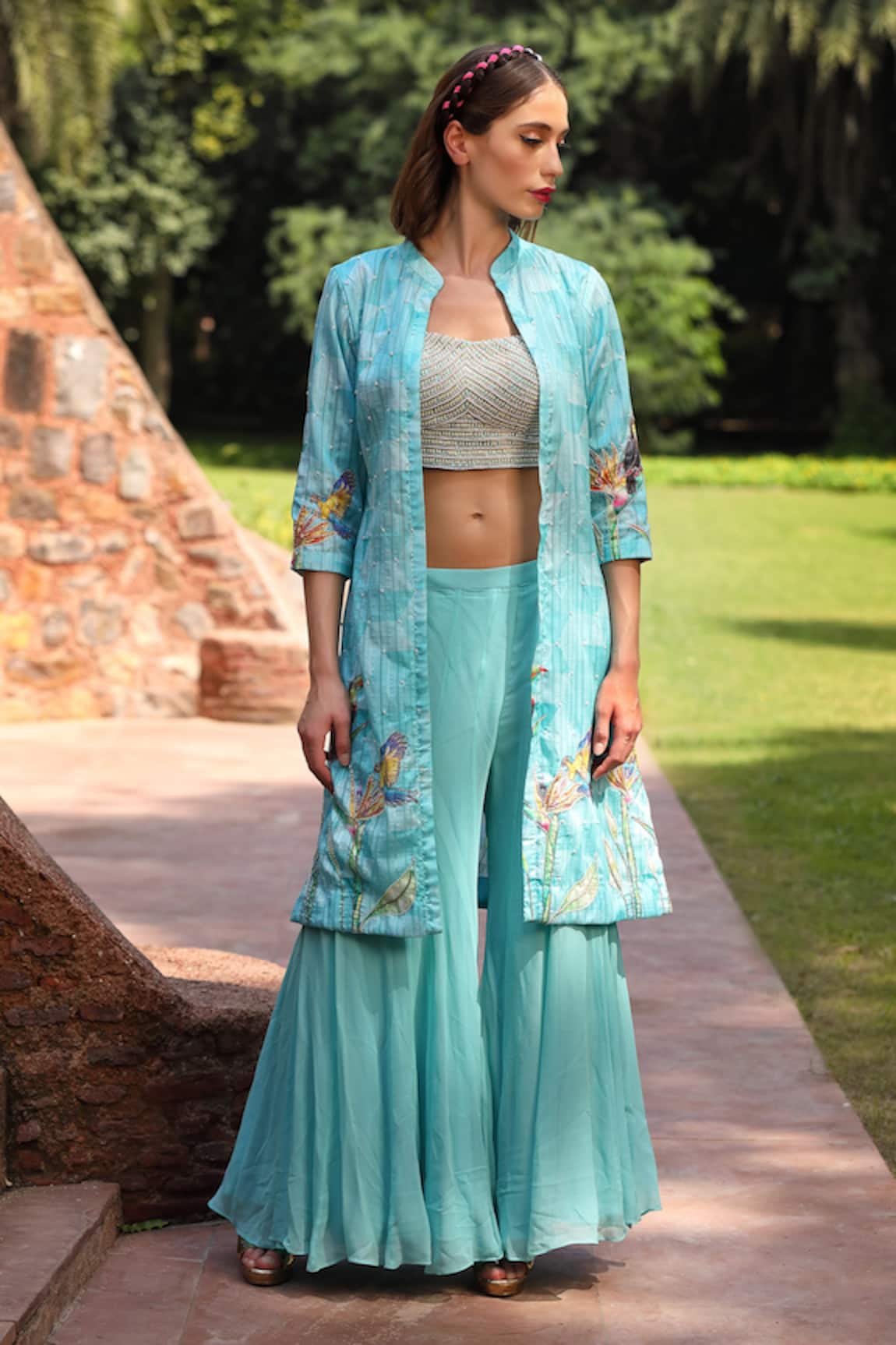 Tarini Vij Toucan Pattern Jacket Palazzo Set 