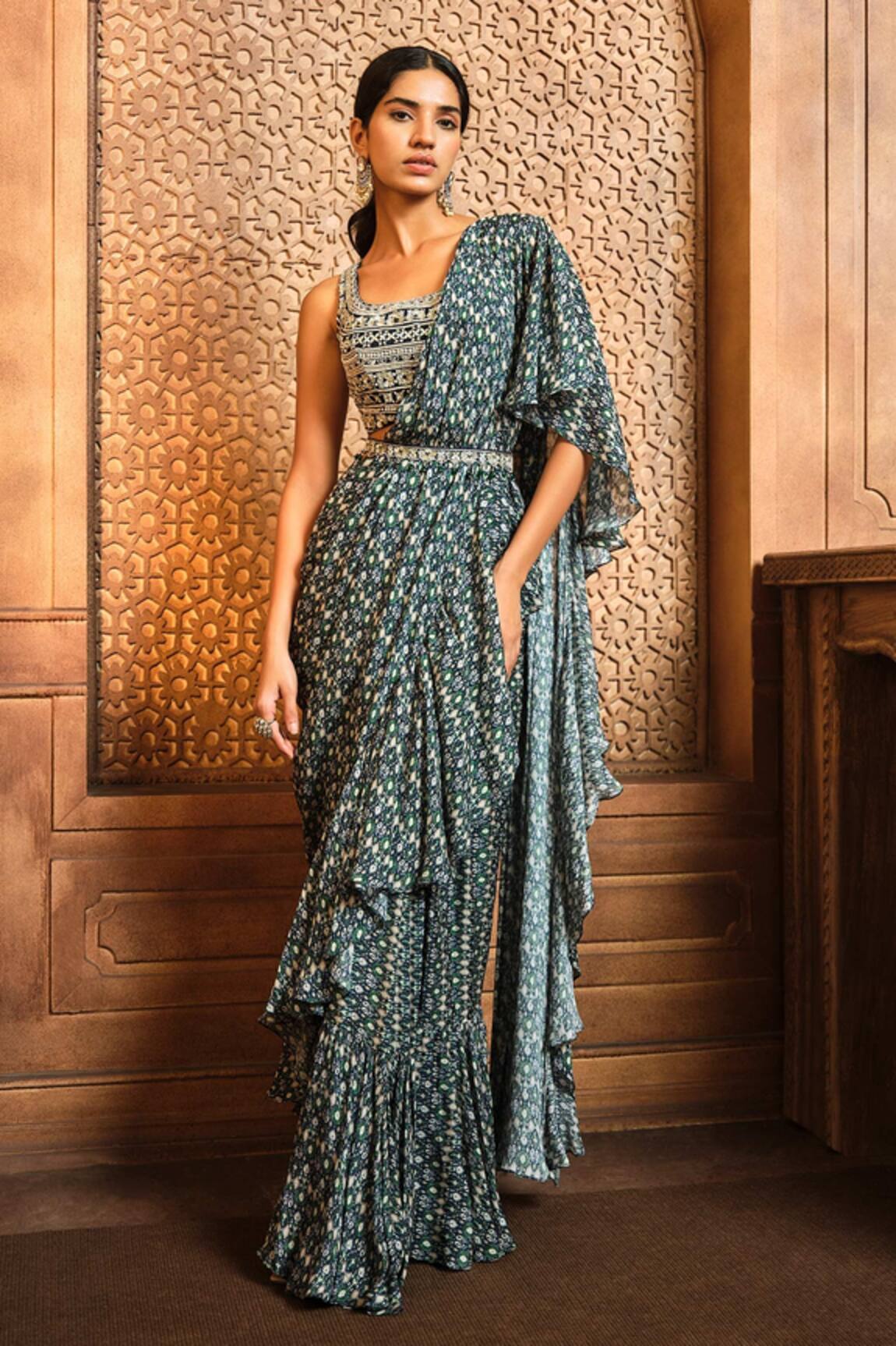 Aneesh Agarwaal Pre-Draped Ikat Print Saree With Blouse 