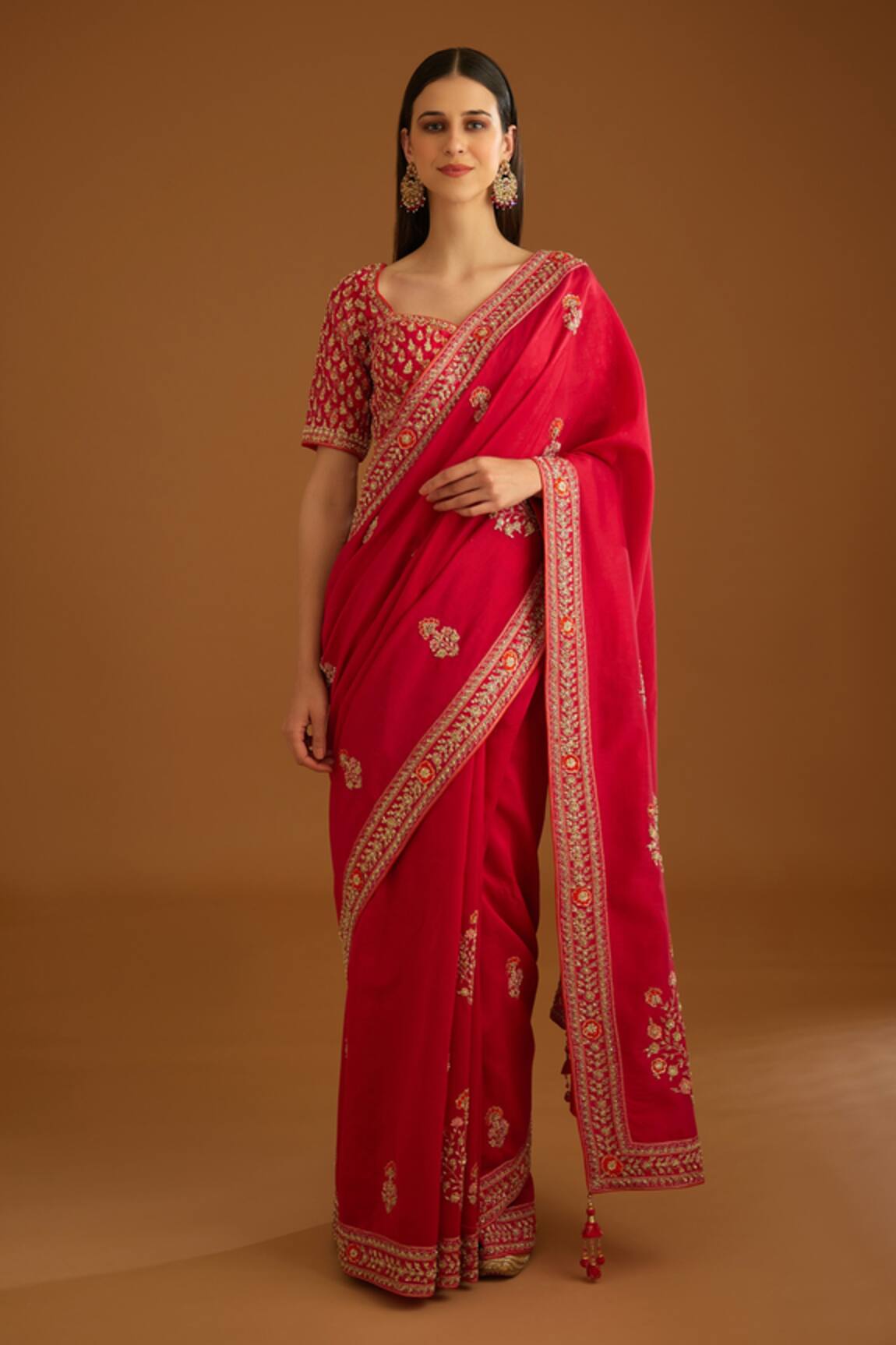 Shyam Narayan Prasad Floral Zardozi Work Saree With Blouse