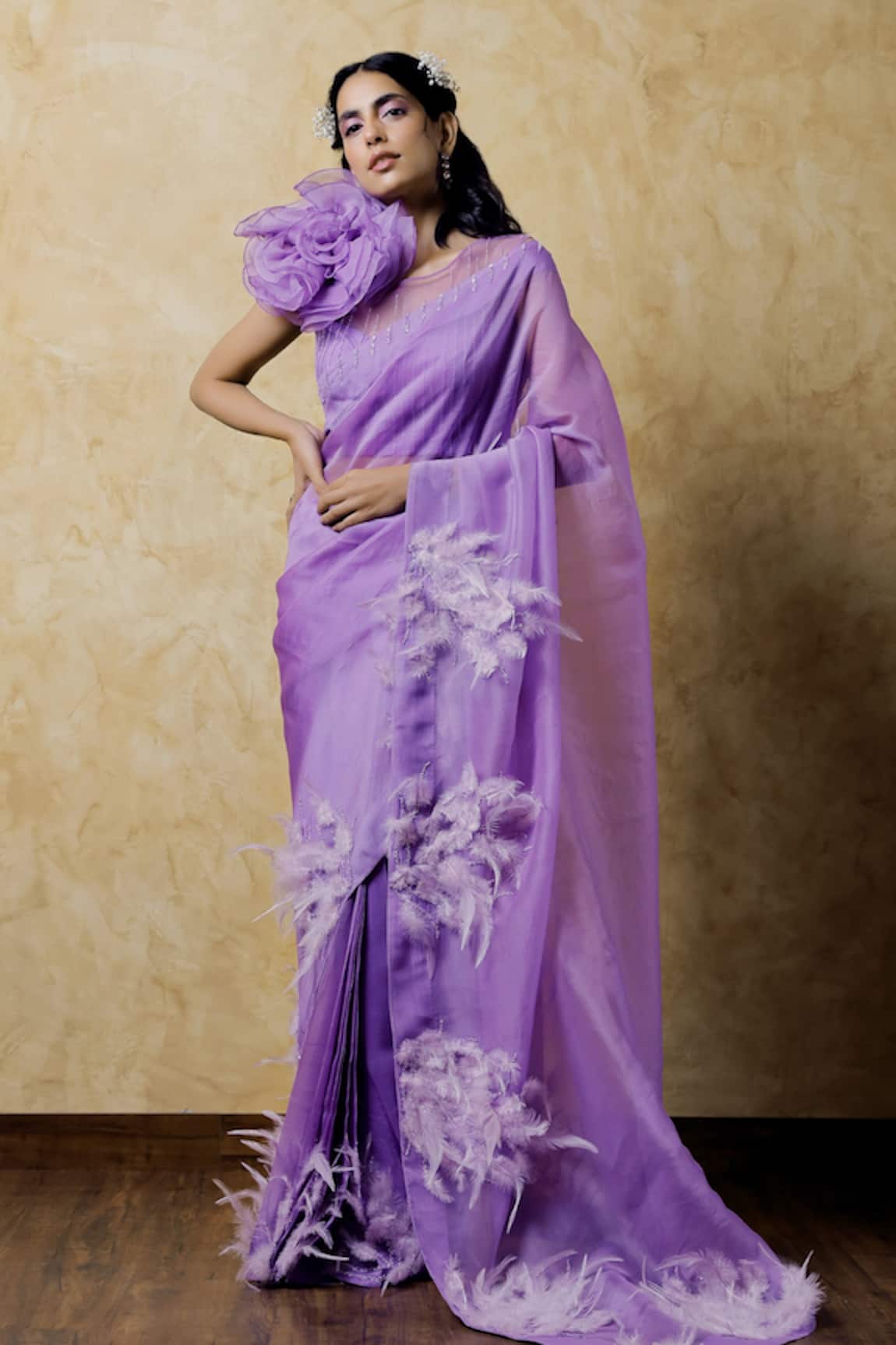 Shilpi Gupta Organza Feather Embroidered Saree With Blouse 