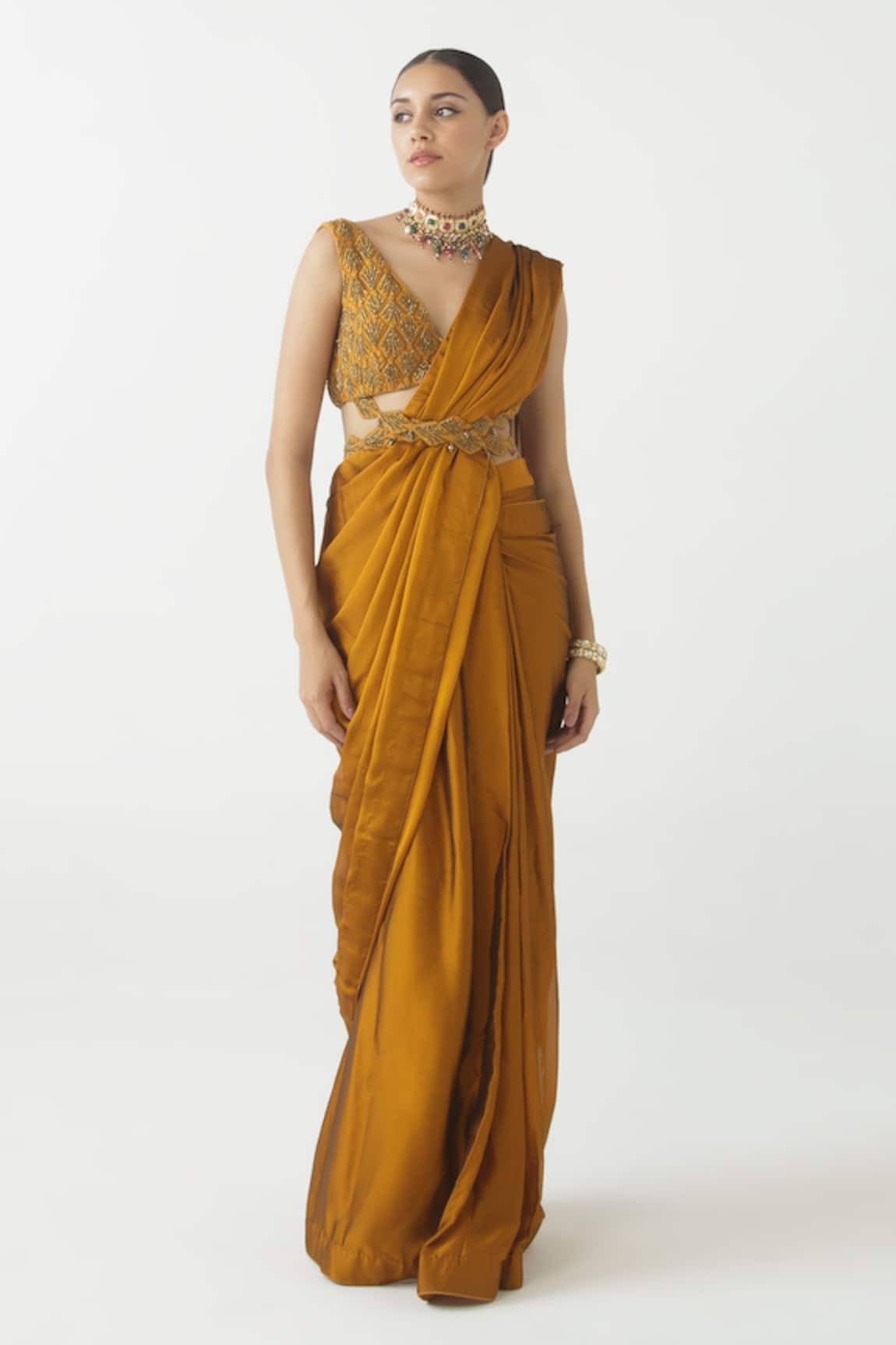Seeaash Pre-Draped Saree With Embroidered Blouse
