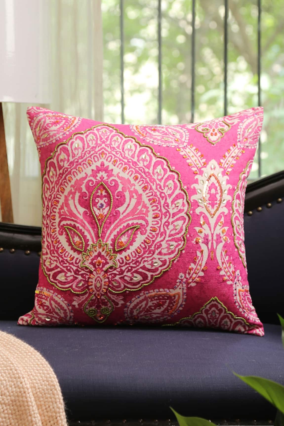 Amoliconcepts Paisley Bead Embroidered Cushion Cover
