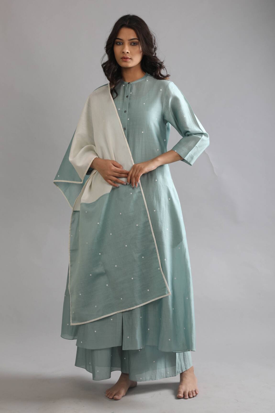 Khat Polka Pattern Chanderi Silk Shirt Kurta Pant Set