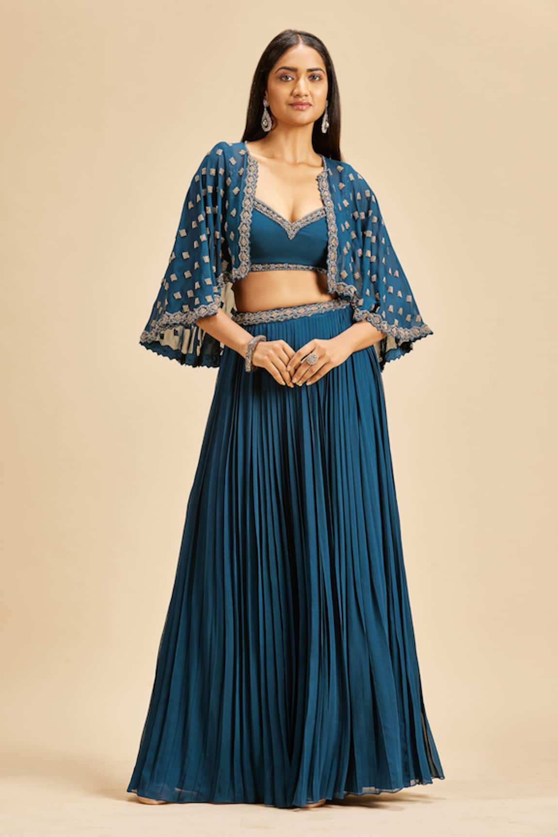 Nitika Gujral Embroidered Cape Pleated Lehenga Set