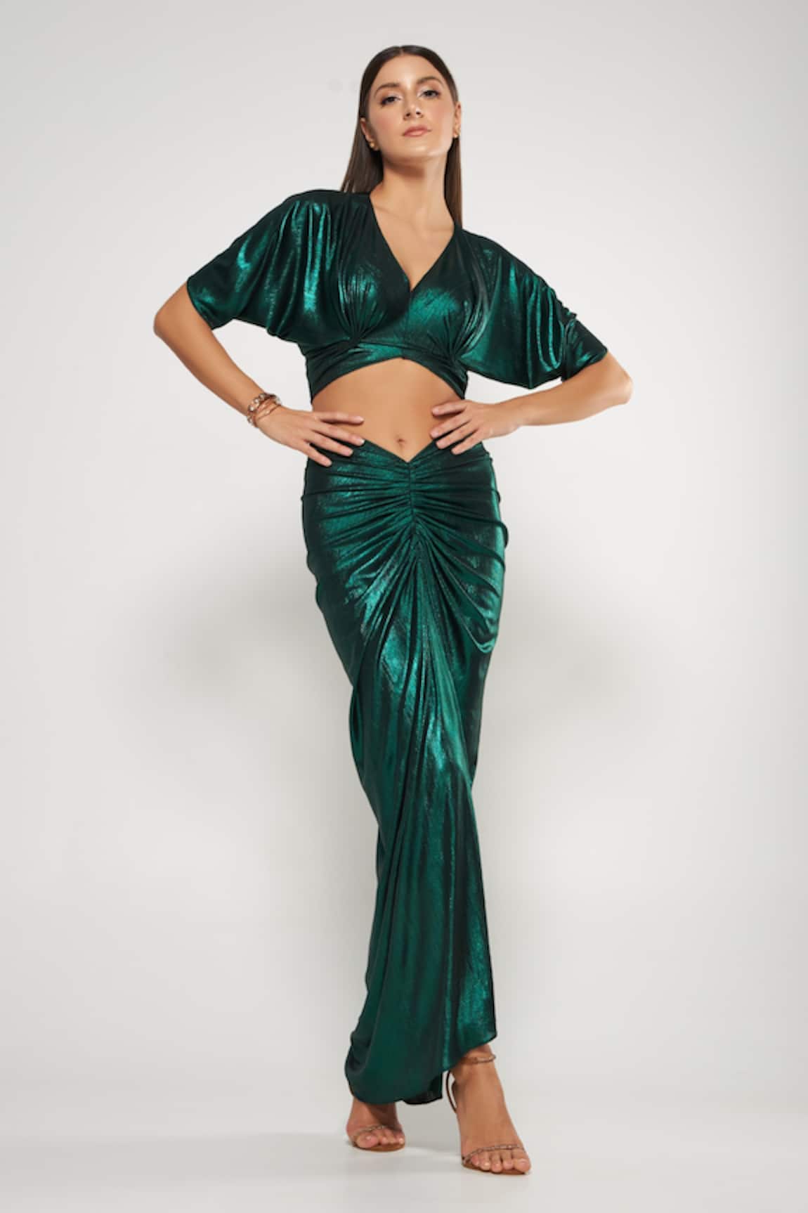 Cham Cham Green Draped Skirt & Top Set