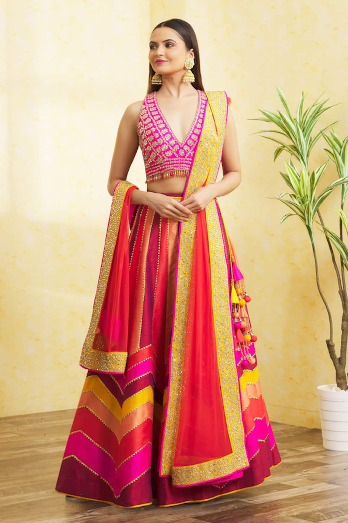 Vandana Sethi Color Block Lehenga Set With Embellished Blouse